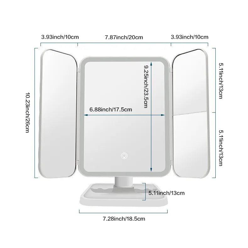 Trifold LED Makeup Mirror with Adjustable Beauty Lights and Foldable Design
