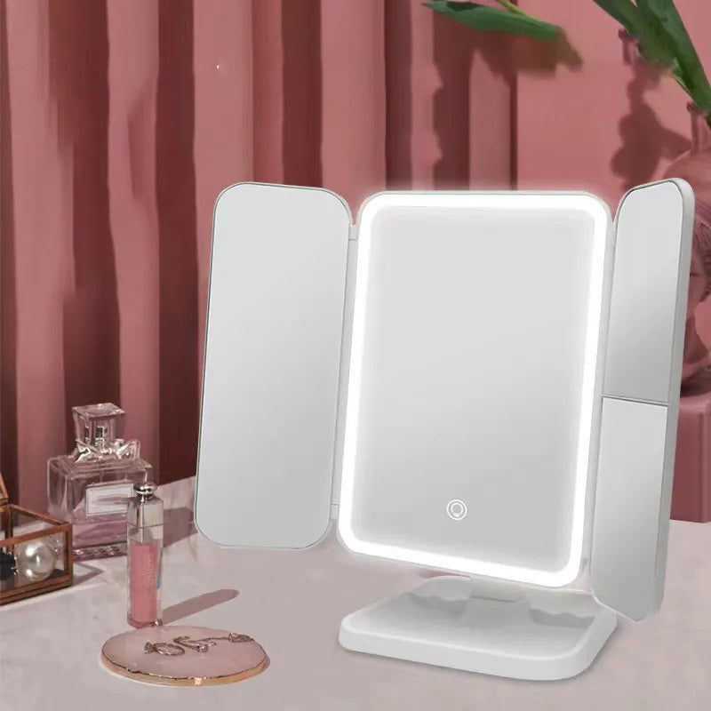 Trifold LED Makeup Mirror with Adjustable Beauty Lights and Foldable Design