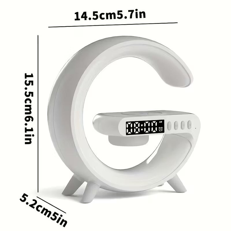 Premium White Wireless Bluetooth Speaker with RGB Light Alarm and Wireless Charging