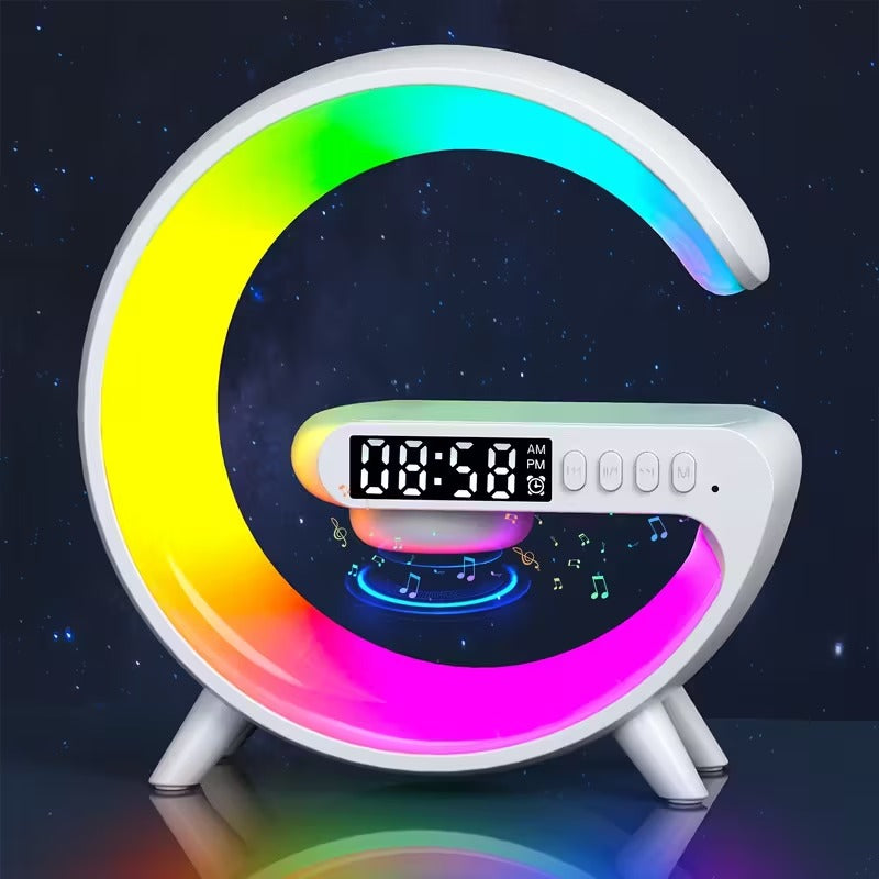 Premium White Wireless Bluetooth Speaker with RGB Light Alarm and Wireless Charging