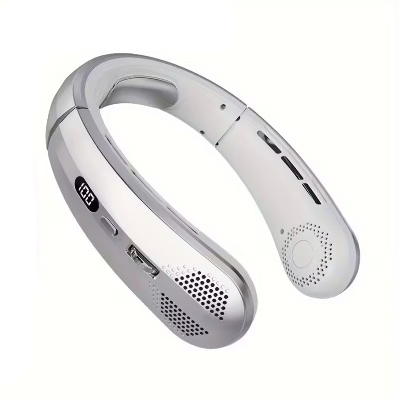 Premium Silvery USB Rechargeable Hanging Neck Fan Leafless Portable Cooling