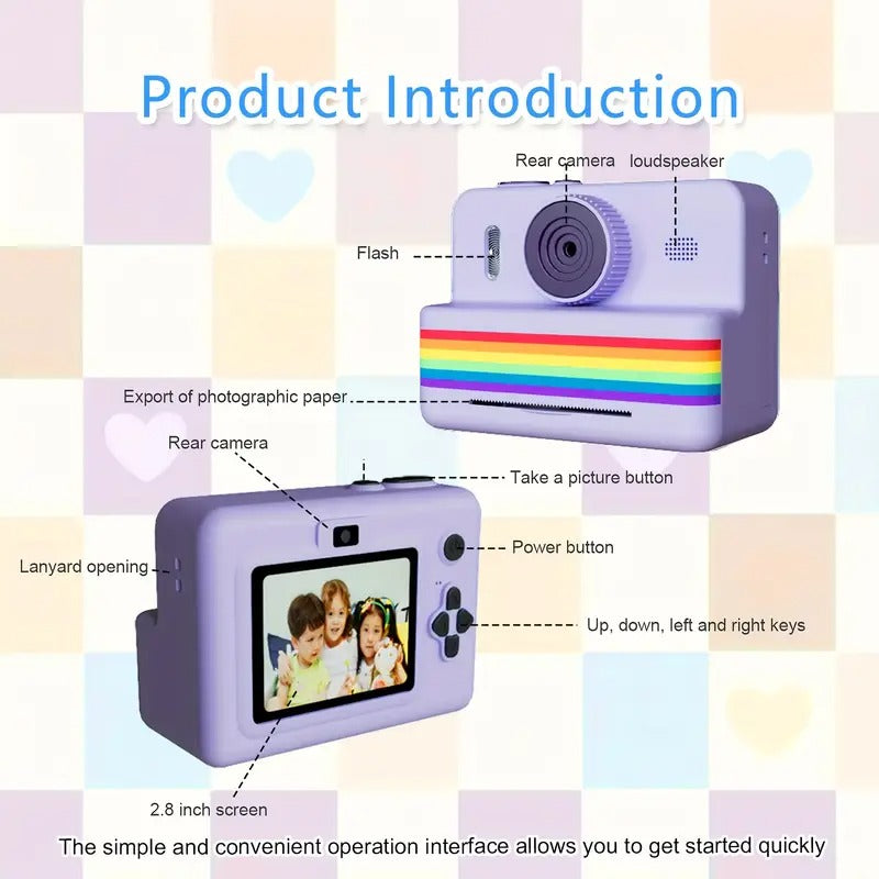 Premium Purple Portable Photo Printer Camera with 32G Card and Paper Rolls