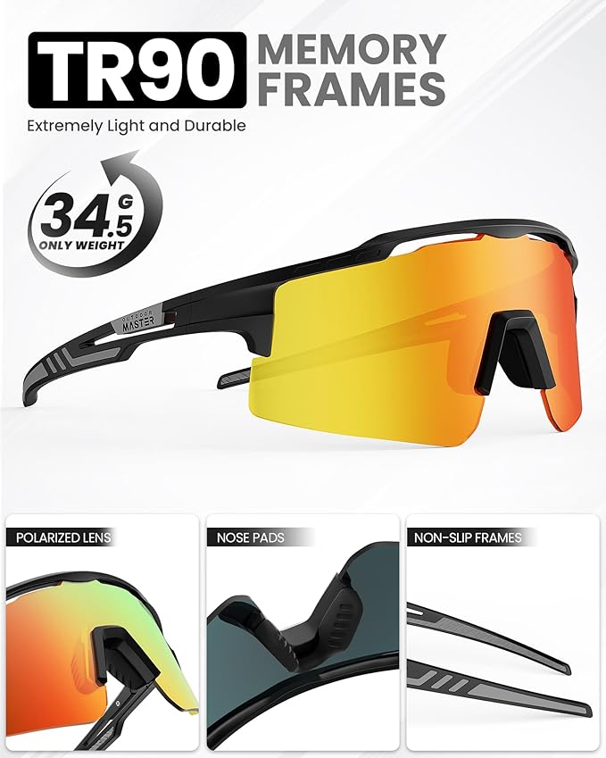 OutdoorMaster Polarized Sports Sunglasses, UV400 Protection, TR90 Frame, HD Vision, Black Frame+Revo Blue Cat.3 - SuperSaverAU - view 5