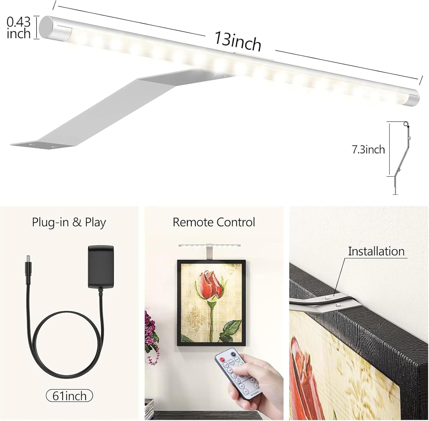 Premium 13.5 Inch Picture Light – Silver Plug In or Hardwired LED with Remote