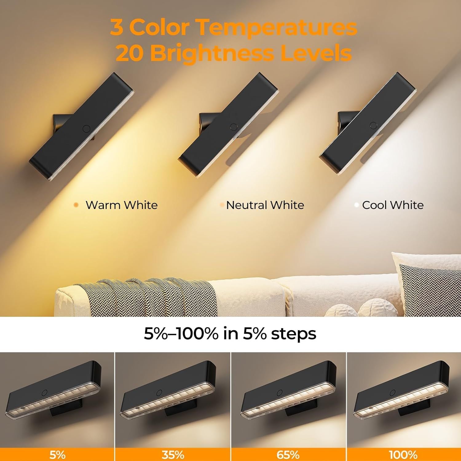 Premium Magnetic Battery Operated Wall Sconces – Black 2 Pack, 4000mAh Remote & Touch Control