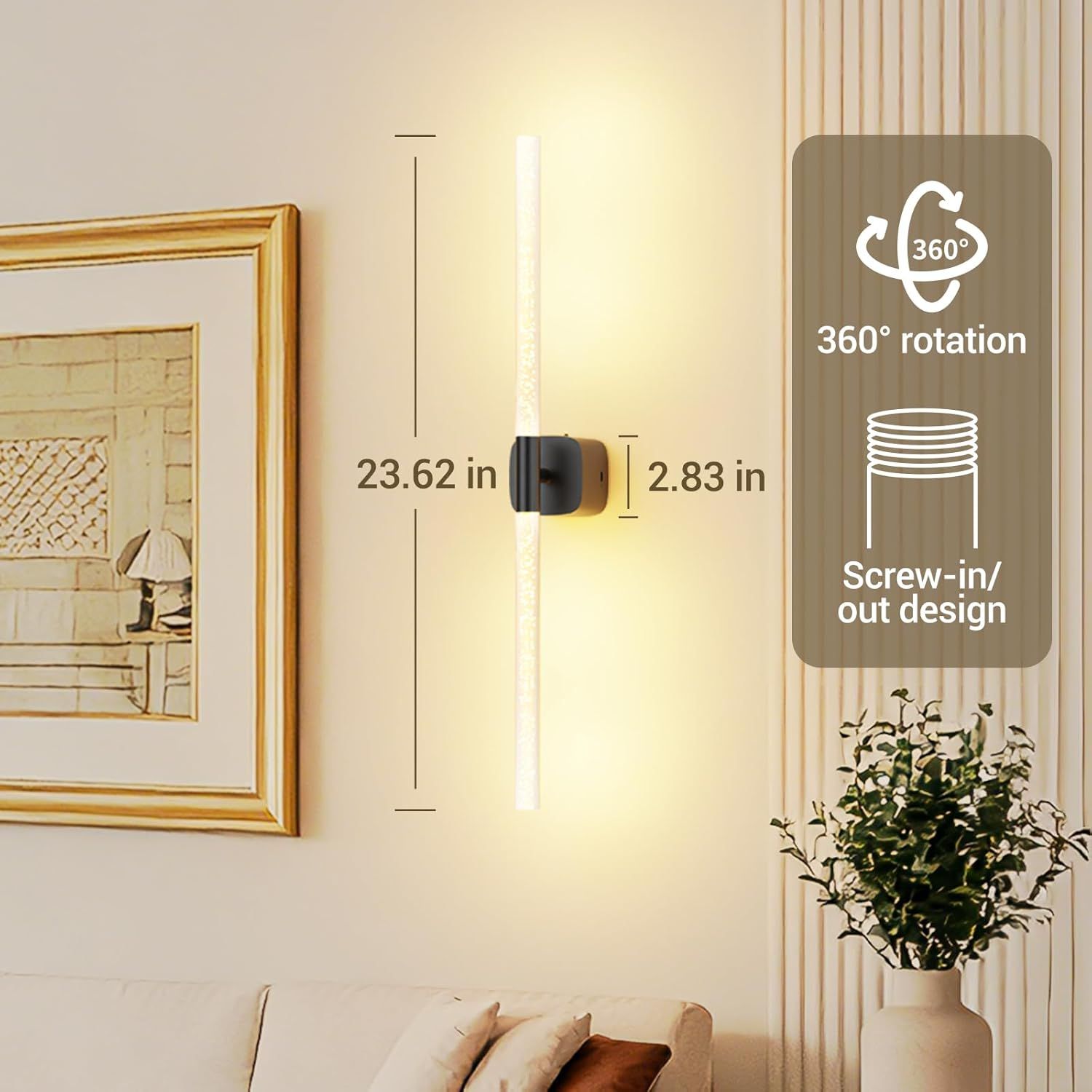 Premium Battery Operated Wall Sconces – Black 23.62 Inch 2 Pack, Remote & 360° Rotation