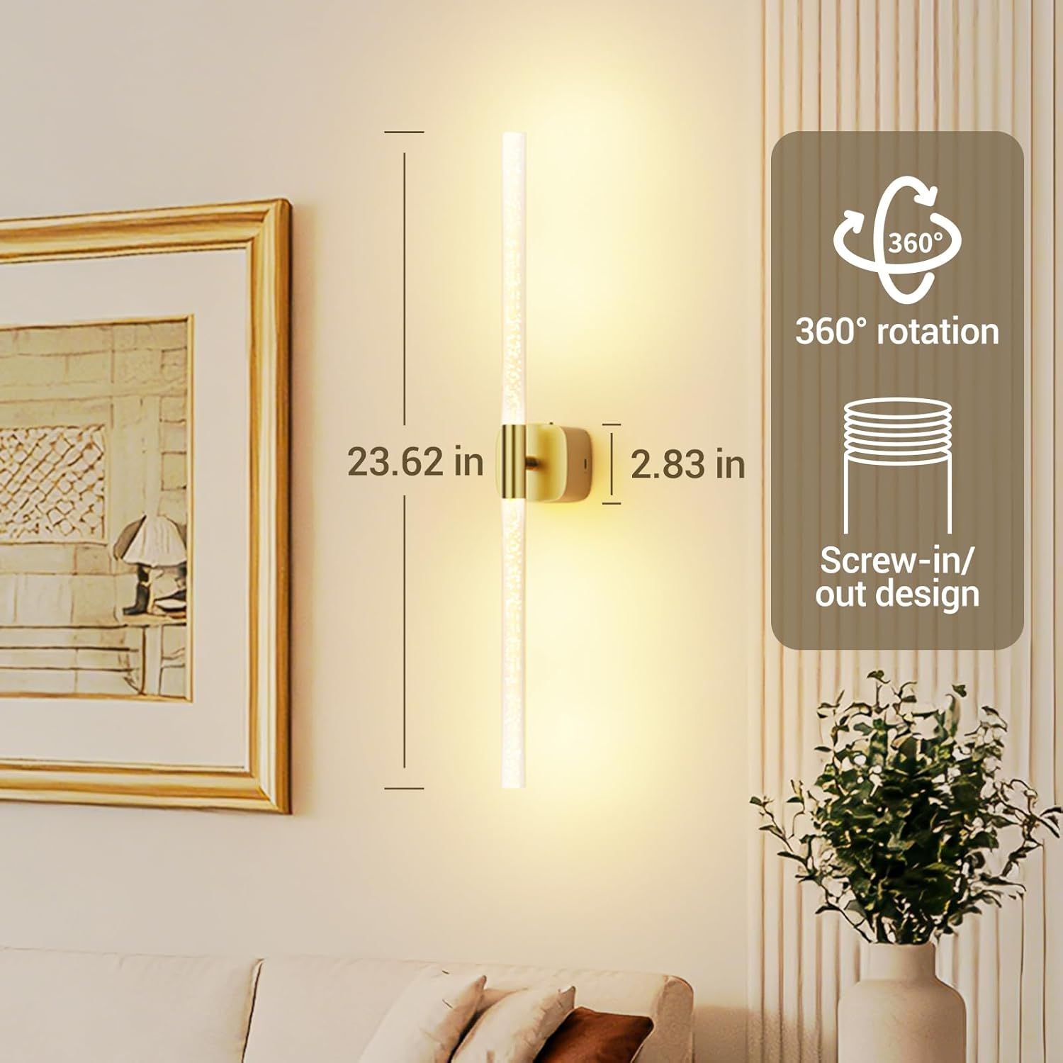 Premium Battery Operated Wall Sconces – Gold 23.62 Inch 2 Pack, Remote & 360° Rotation