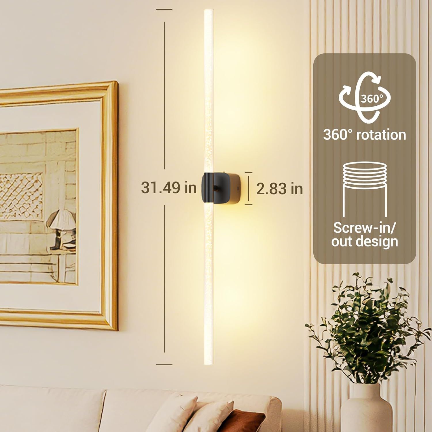 Premium Battery Operated Wall Sconces – Black 31.49 Inch 2 Pack, Remote & 360° Rotation