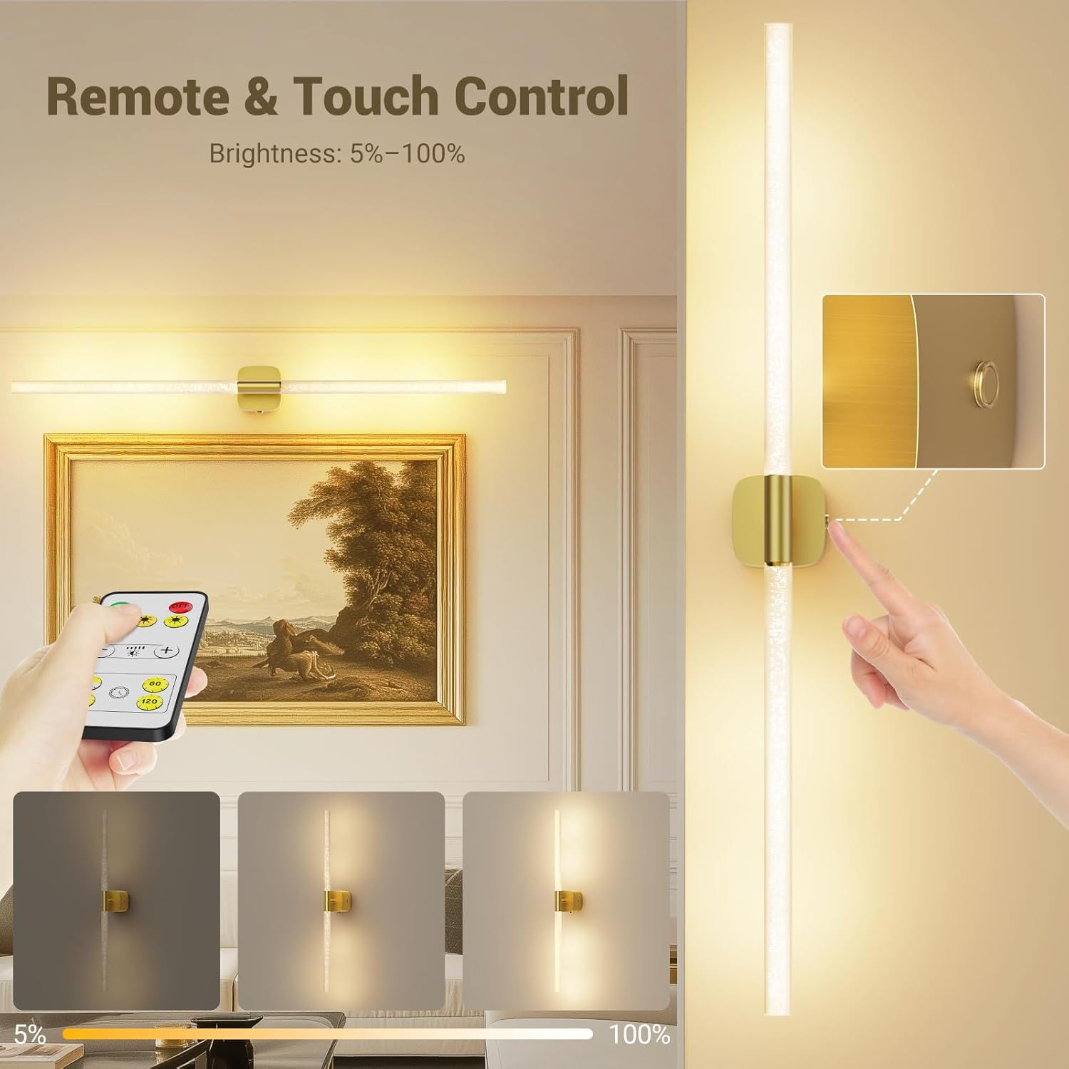 Premium Battery Operated Wall Sconces – Gold 31.49 Inch 2 Pack, Remote & Touch Control