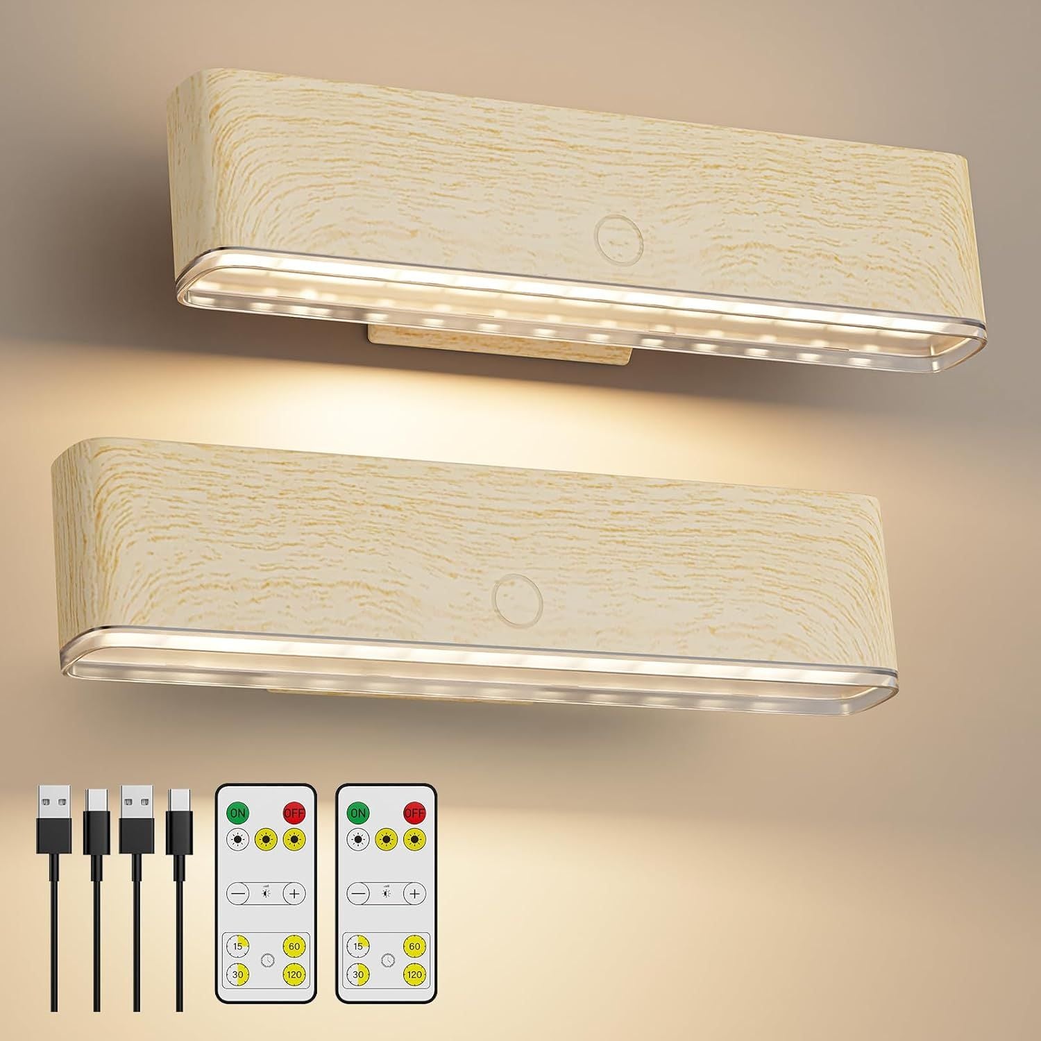 Premium Magnetic Battery Operated Wall Sconces – Beech 2 Pack, 4000mAh Remote Control