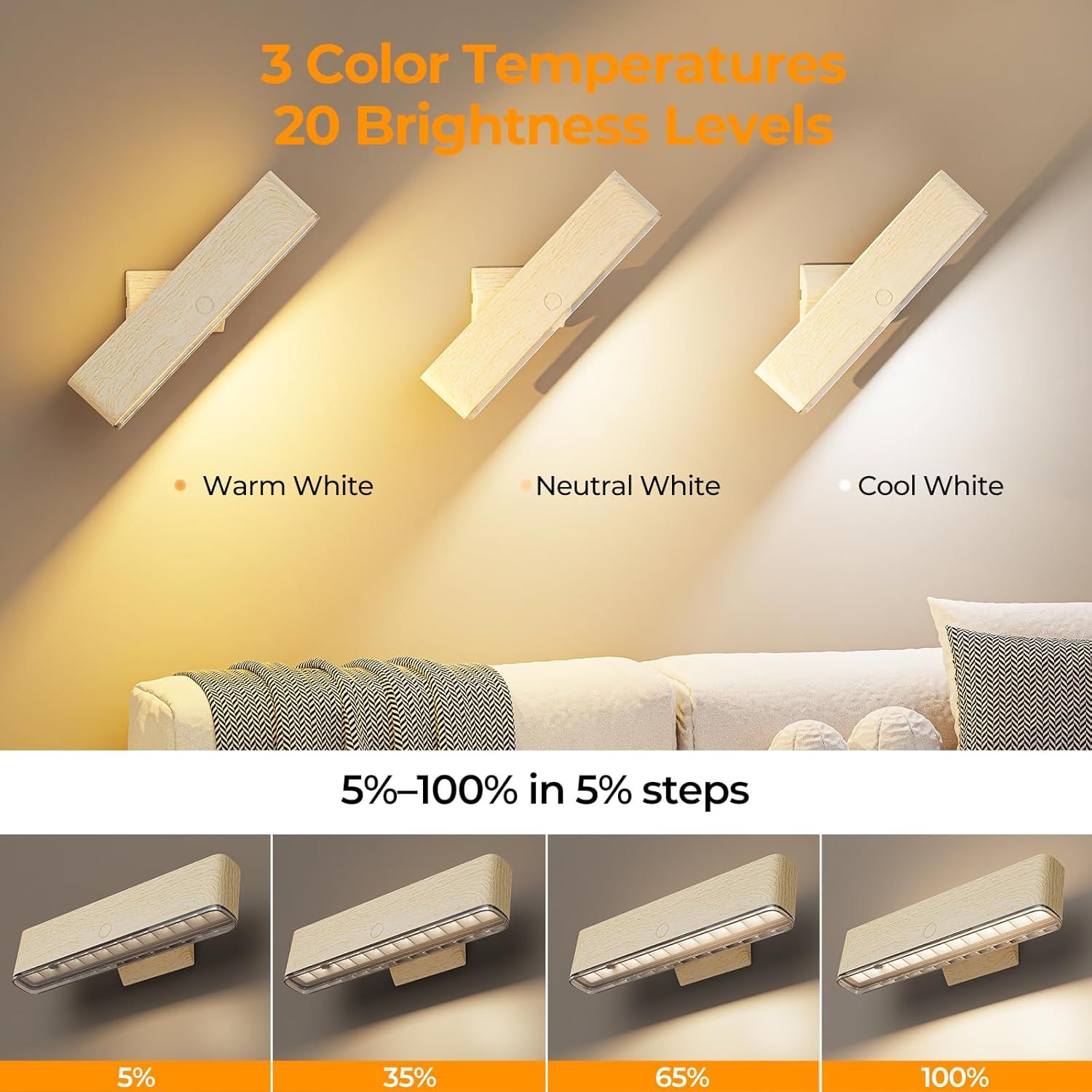 Premium Magnetic Battery Operated Wall Sconces – Beech 2 Pack, 4000mAh Remote Control