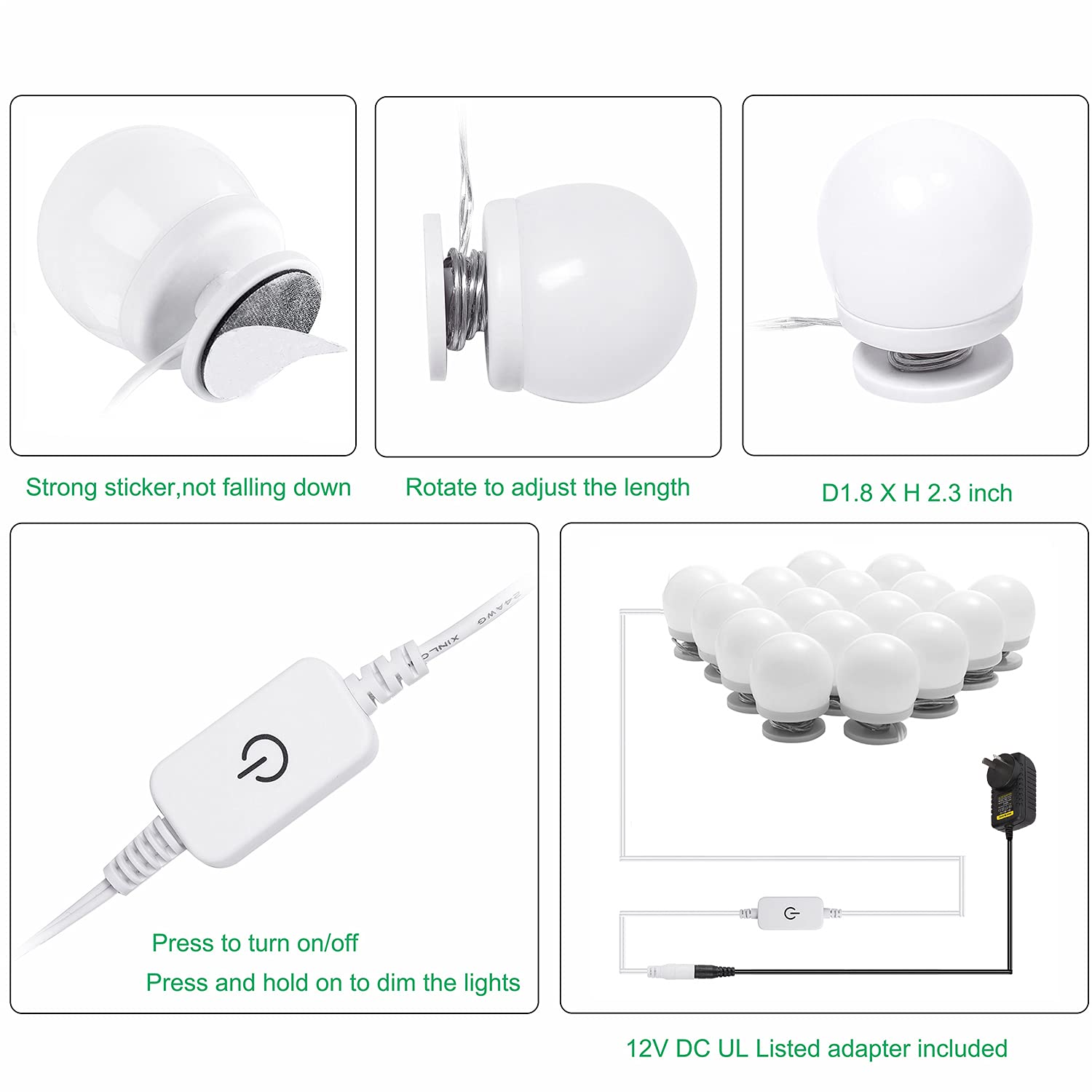 Hollywood Mirror Lights Makeup Vanity Lights, LED Vanity Mirror Lights Kit for Dressing Table, Dimmable and Adapter Plug in, Mirror Not Included (16 Bulbs Natural White) - SuperSaverAU - view 3
