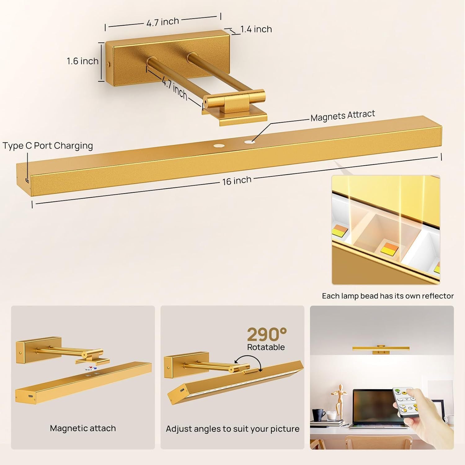 Premium Battery Operated Picture Light – Gold 16 Inch, 4000mAh Remote & Touch Control