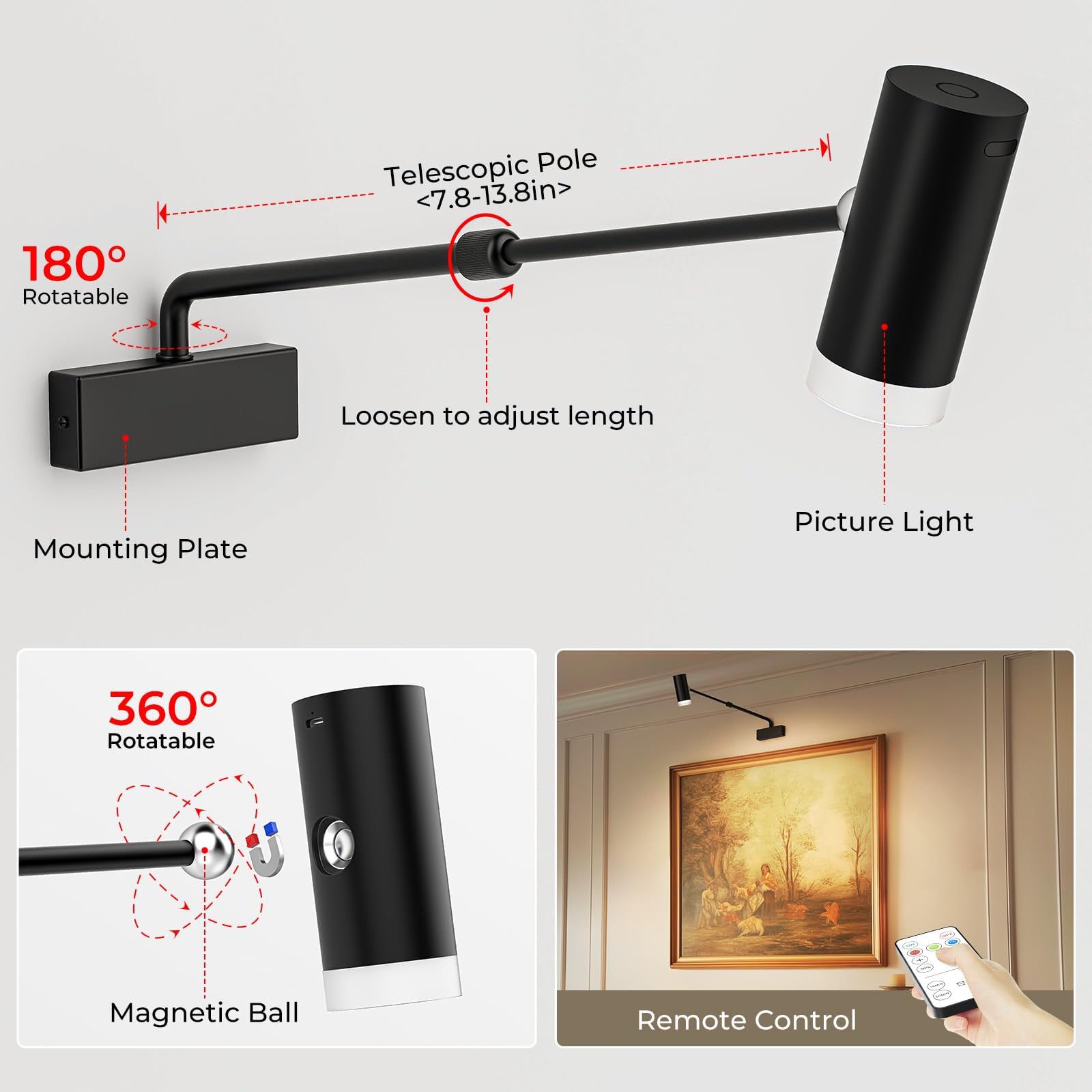 Rechargeable Adjustable Wall Sconce, 4000mAh Battery, Dimmable LED Art Light, 20-35cm - SuperSaverAU - view 5