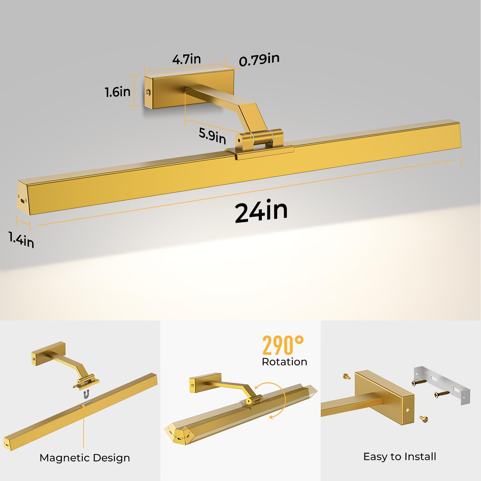 V1171 Wall Picture Light, 24in Battery-Powered, Remote Control, Dimmable, Gold - SuperSaverAU - view 8