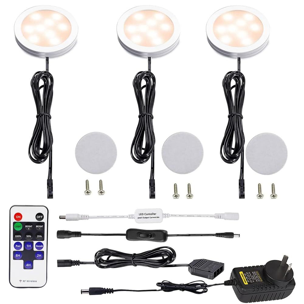 Premium Dimmable LED Under Cabinet Puck Light Kit – Warm White 3 Pack with Remote