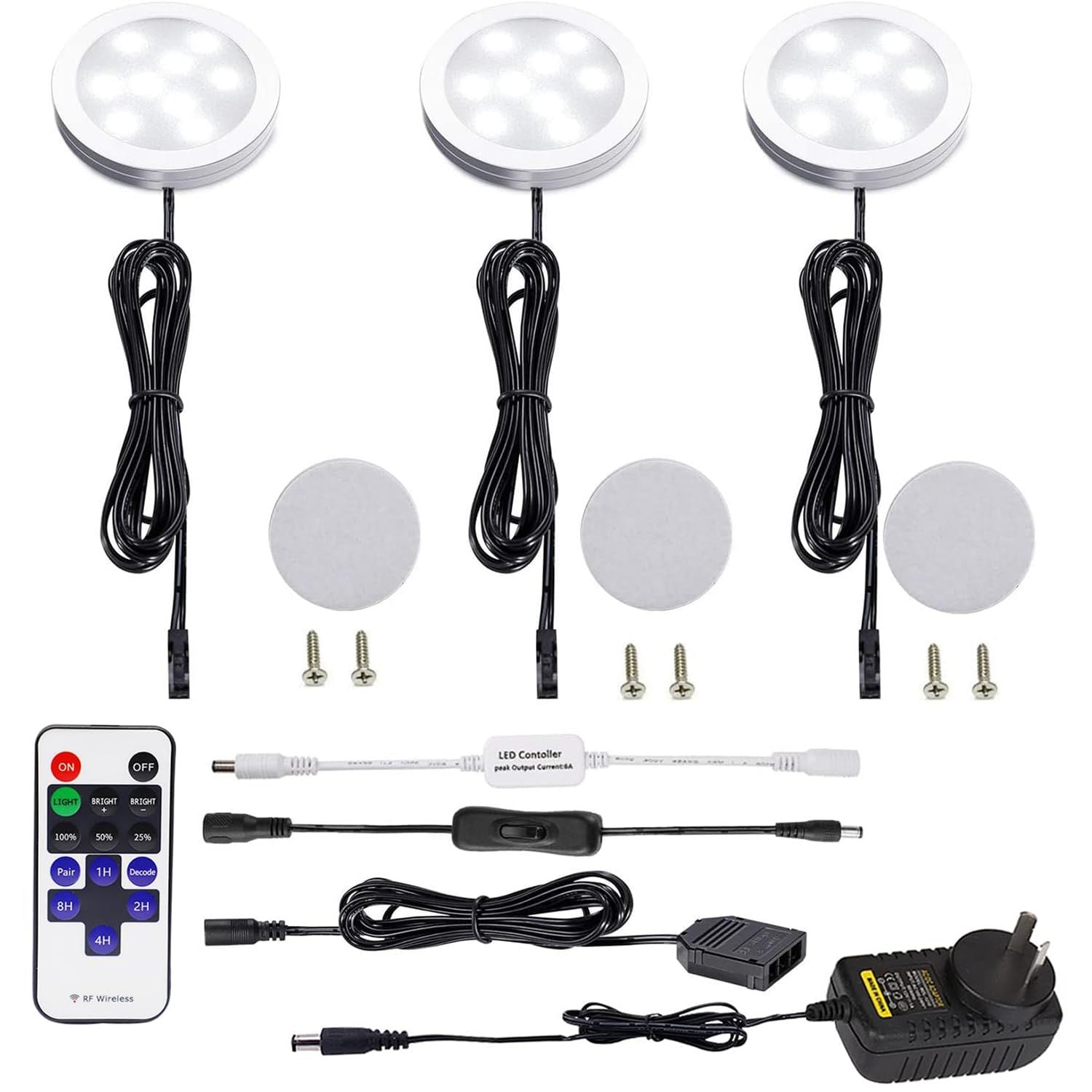 Premium Round Display LED Puck Lights – Daylight White 3 Pack with Remote
