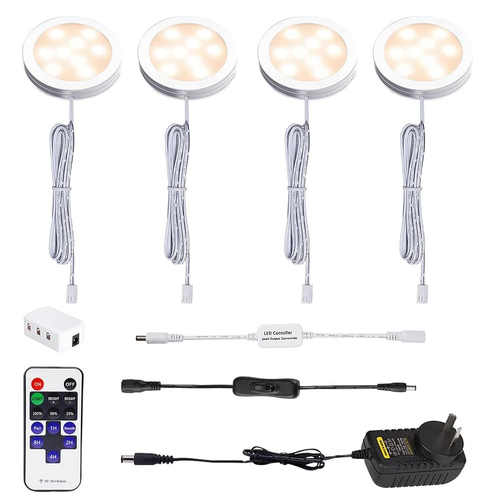 AIBOO 4 Light Warm White LED Under Cabinet Puck Light Kit Dimmable Remote