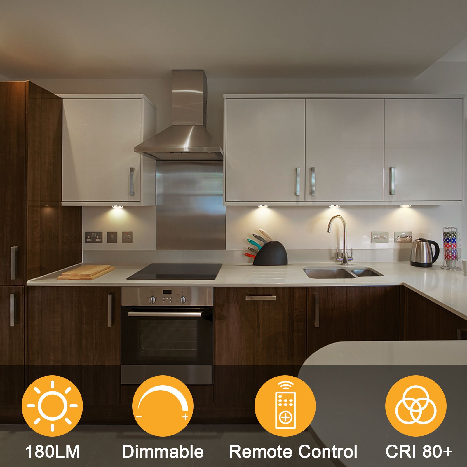 AIBOO 4 Light Warm White LED Under Cabinet Puck Light Kit Dimmable Remote