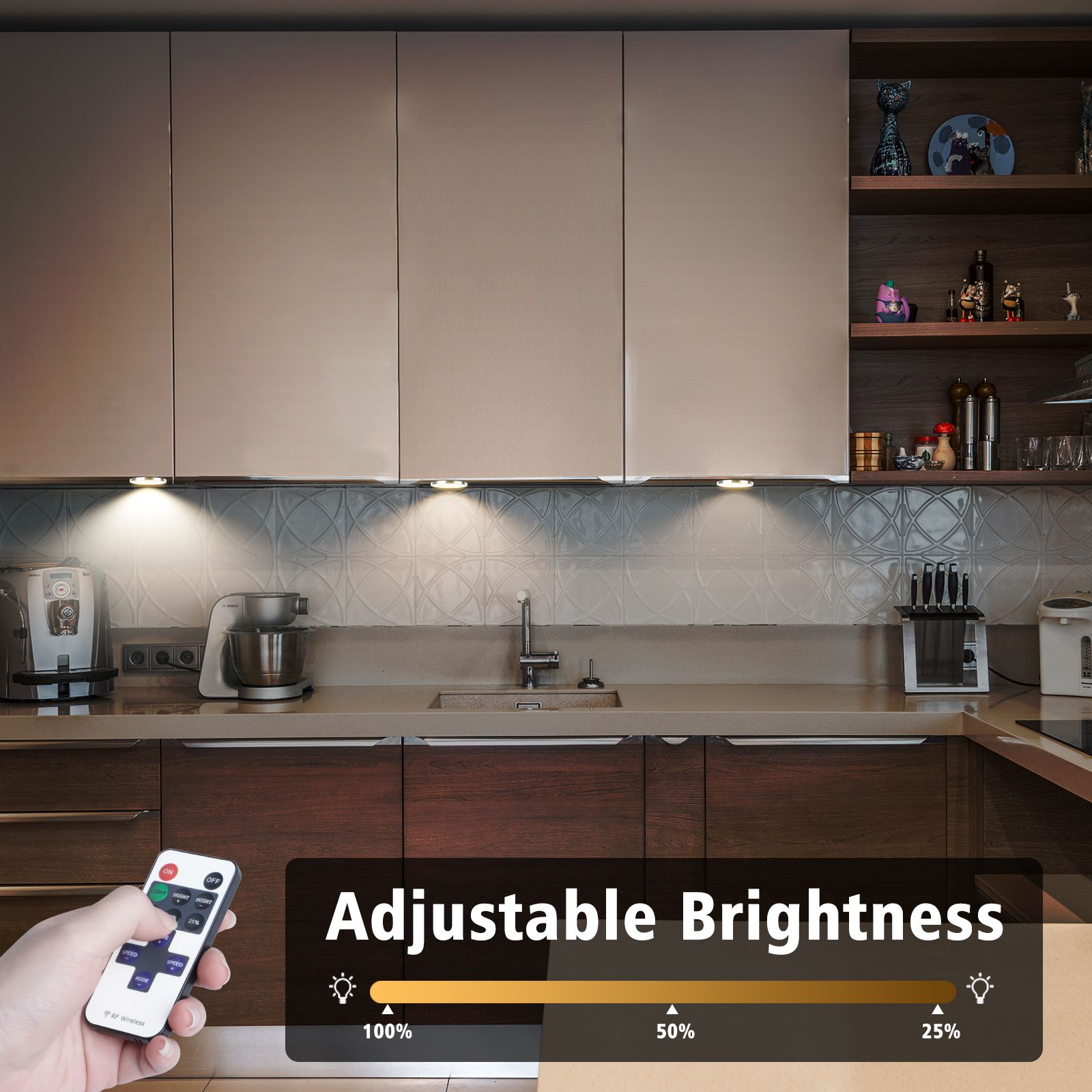 AIBOO 4 Light Warm White LED Under Cabinet Puck Light Kit Dimmable Remote