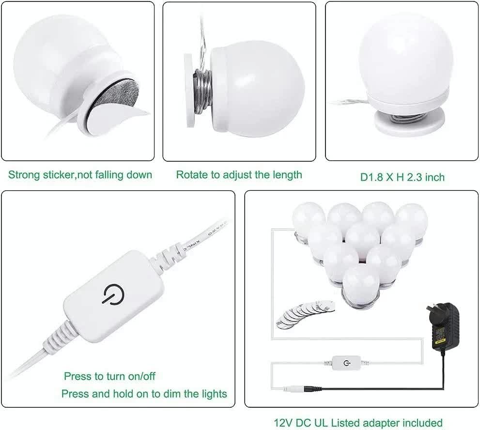 Hollywood LED Vanity Mirror Lights Kit, 4000K Natural White, 10 Bulbs, Dimmable, 12V - SuperSaverAU - view 8
