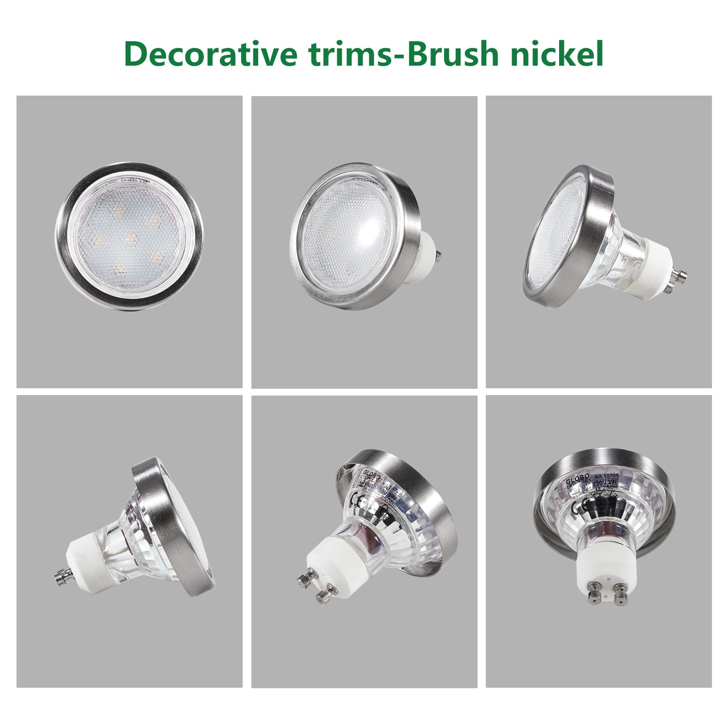 Premium GU10/MR16 Decorative Trim Rings – Brushed Nickel 6 Pack, Snap-On Metal Design