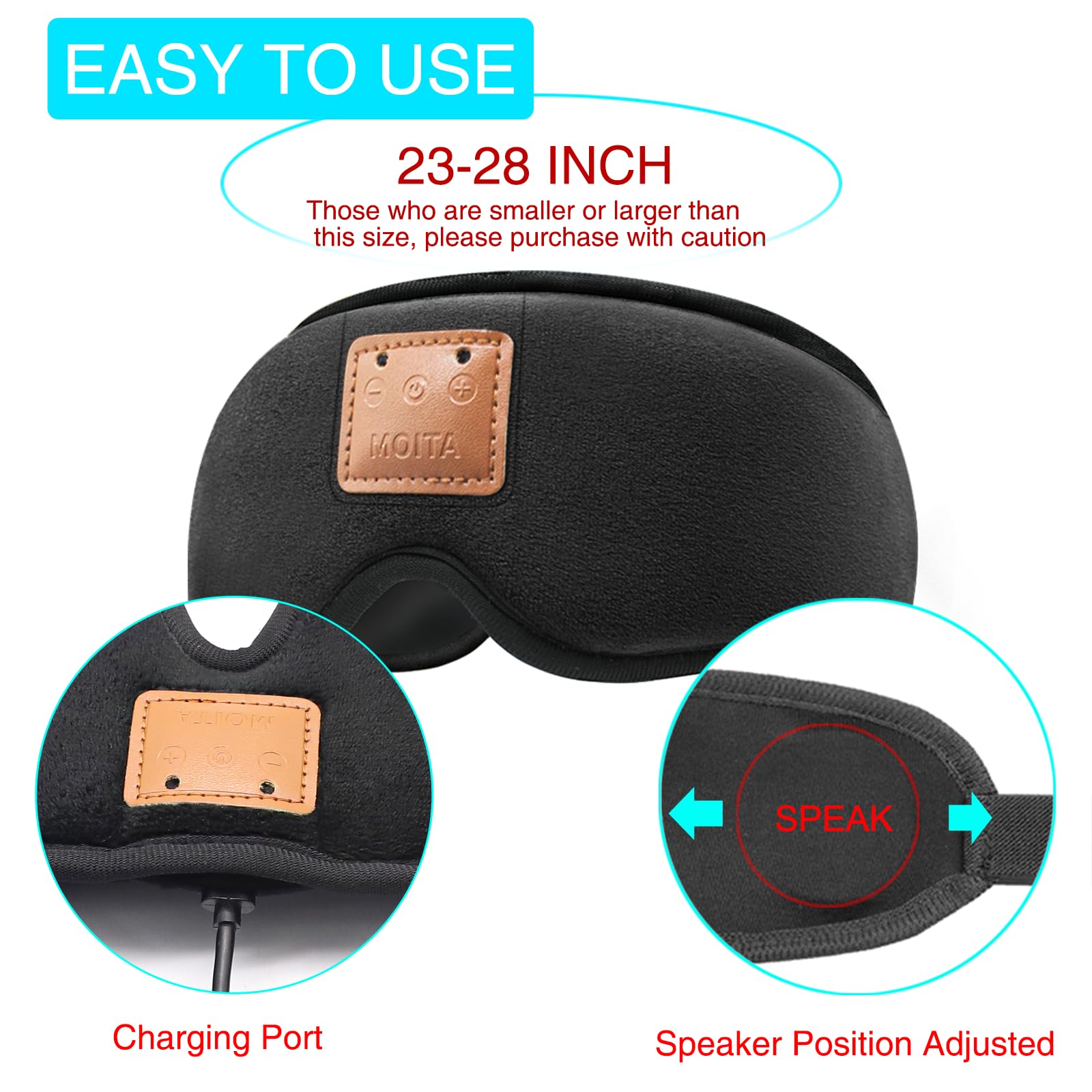 Bluetooth Sleep Headphones Eye Mask, 2-in-1 with Rechargeable Battery, 23-28 Inch - SuperSaverAU - view 6