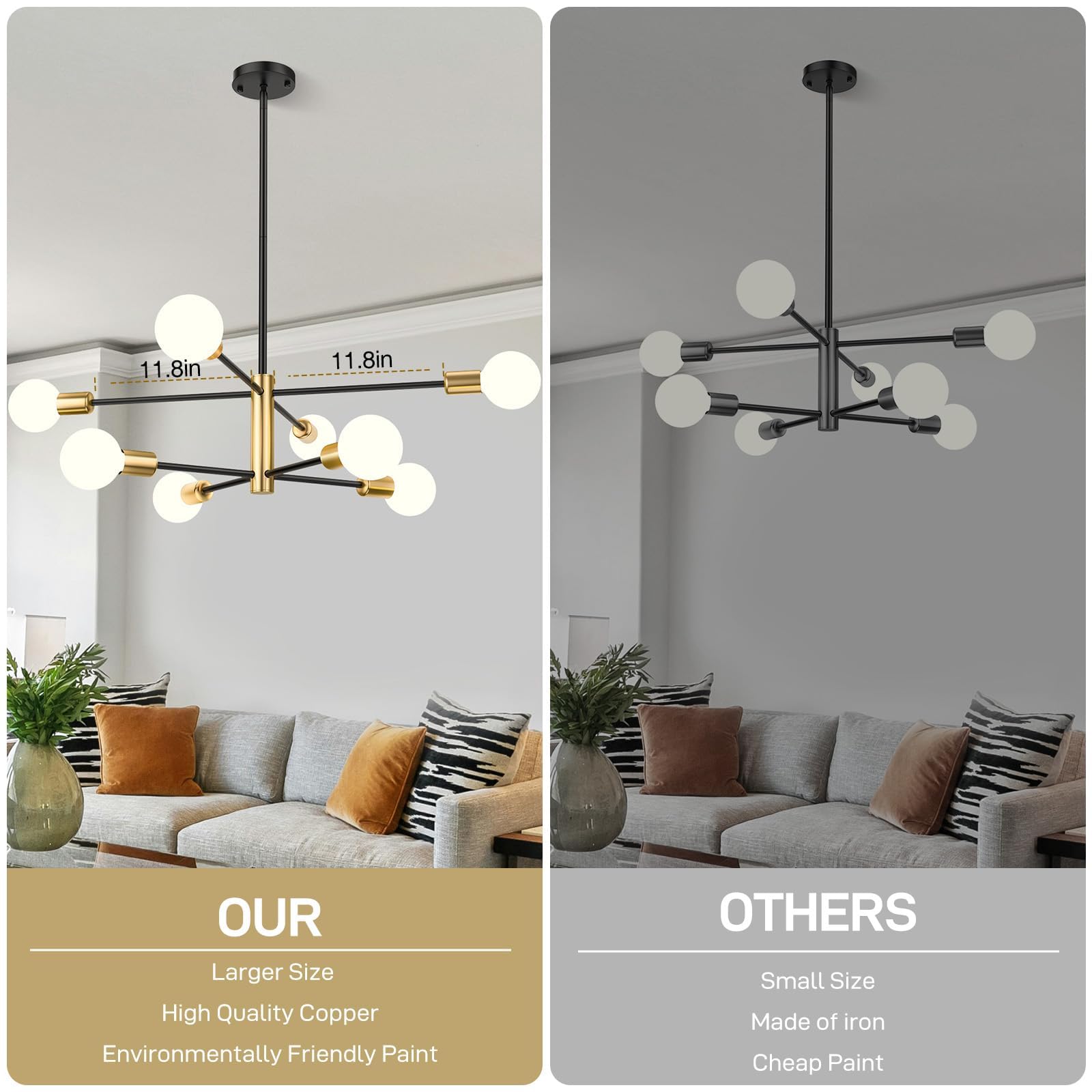 Modern Sputnik Chandelier 8 Lights, Height Adjustable, Sloped Ceiling Adapter - SuperSaverAU - view 5