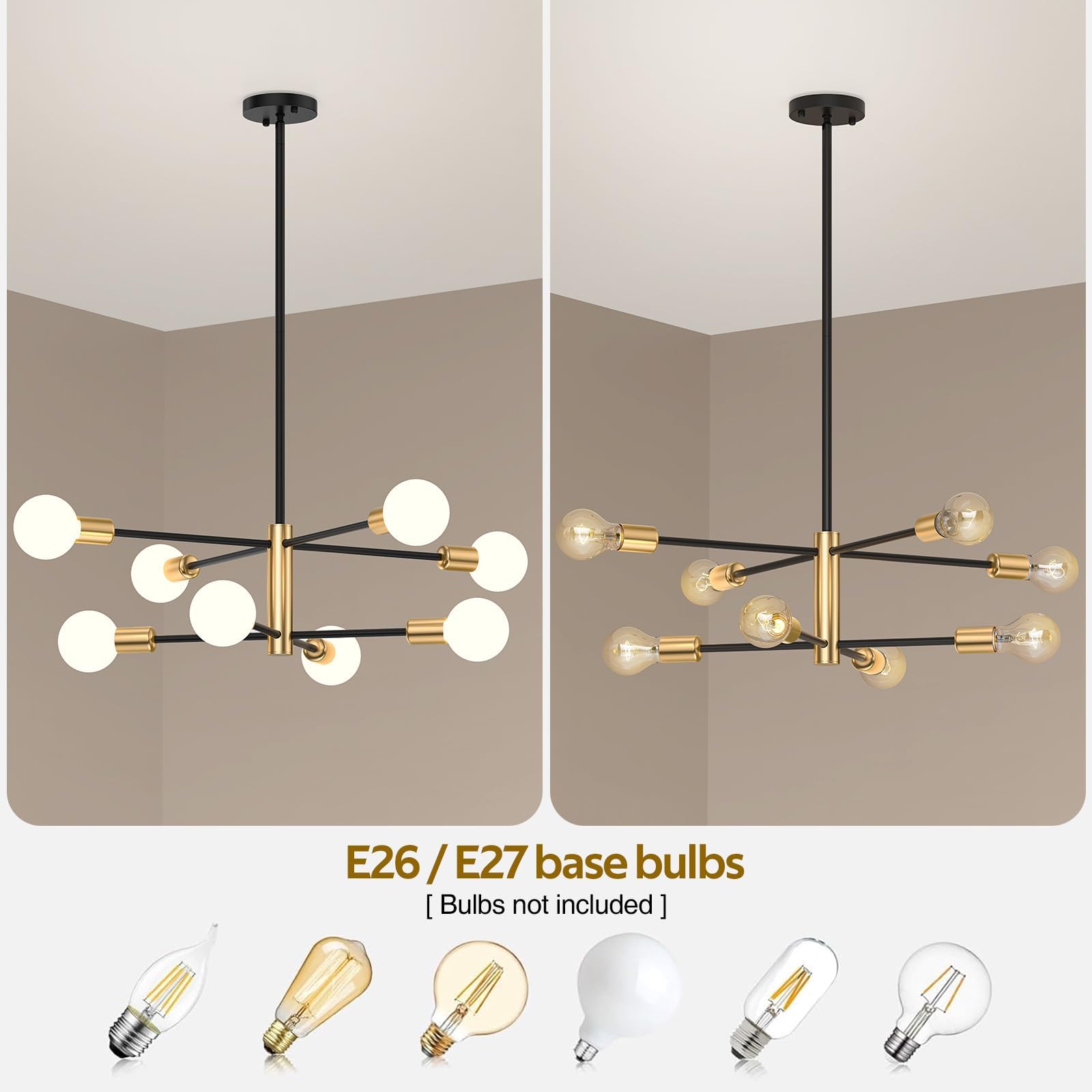 Modern Sputnik Chandelier 8 Lights, Height Adjustable, Sloped Ceiling Adapter - SuperSaverAU - view 6