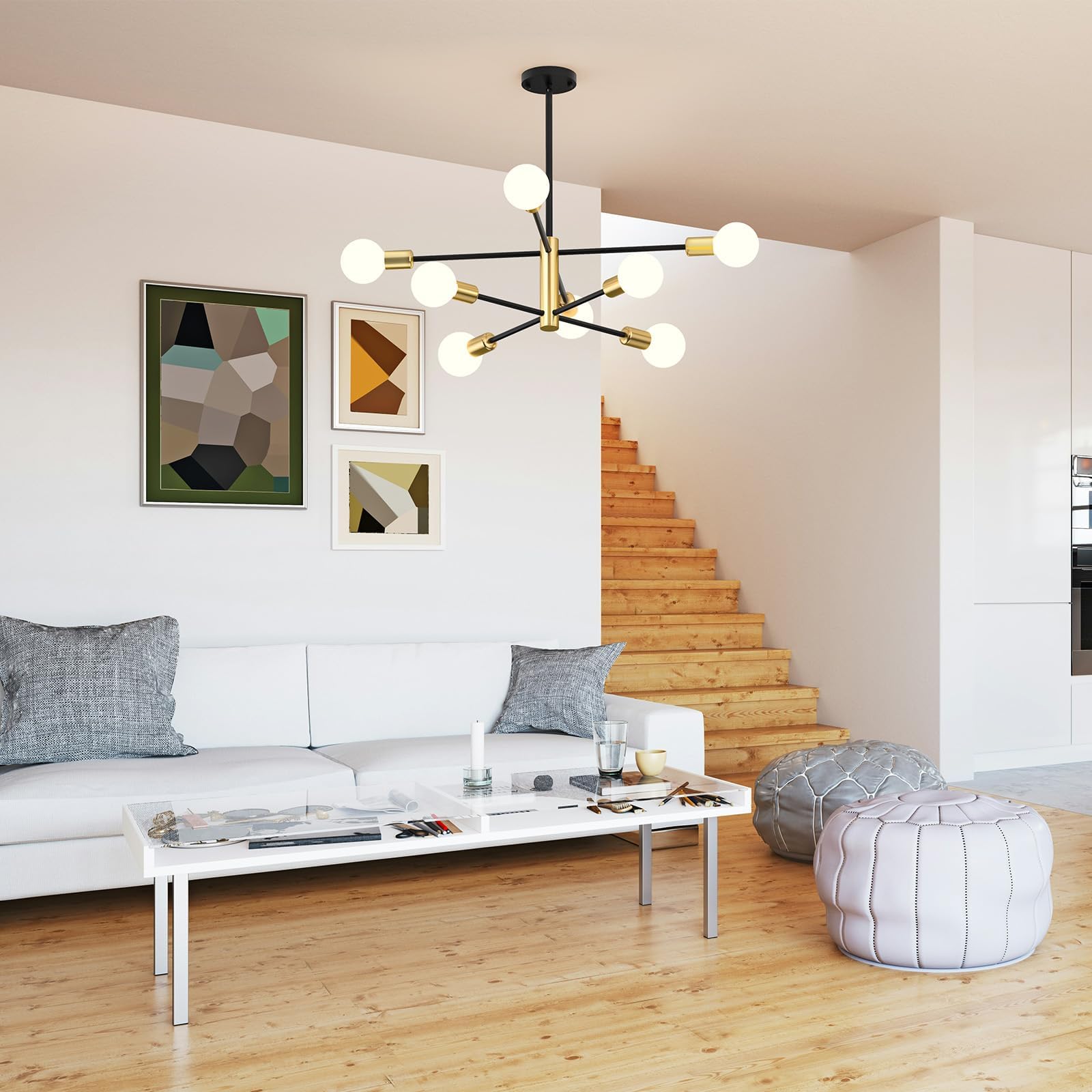Modern Sputnik Chandelier 8 Lights, Height Adjustable, Sloped Ceiling Adapter - SuperSaverAU - view 8