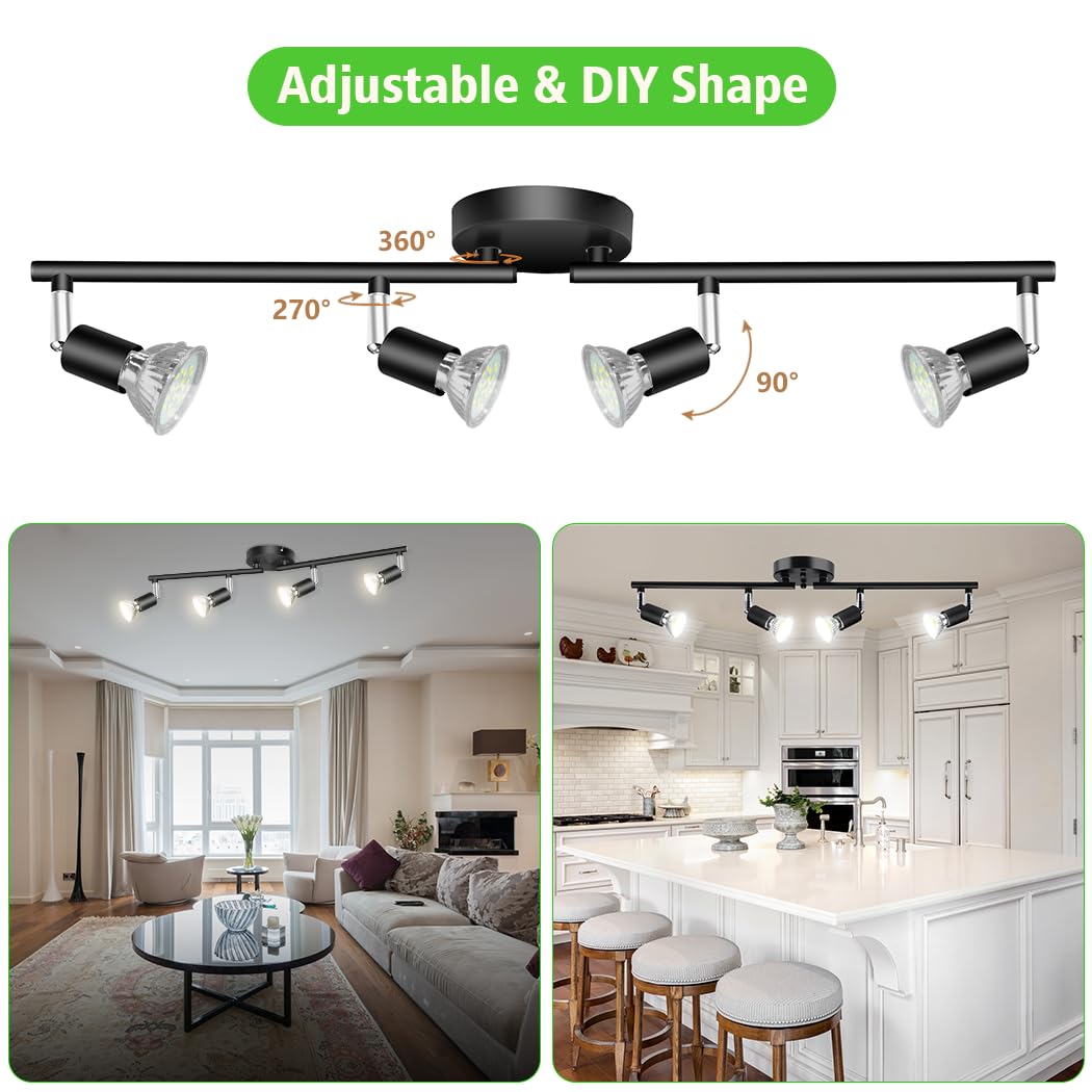 LED Ceiling Light, 4 Way Rotatable Spot Lights, Flexible Design, Black, GU10 Bulb Trims - SuperSaverAU - view 3