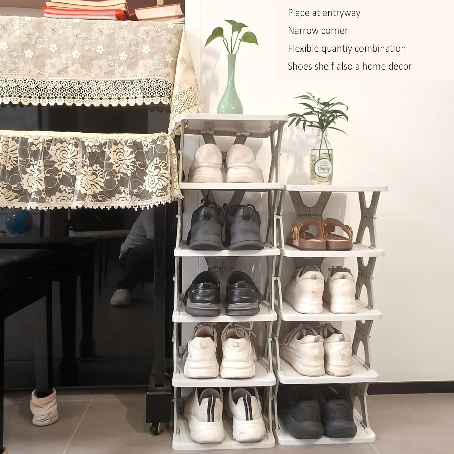 5 Tier Foldable Vertical Shoe Rack, X-Design Tall Shoes Organiser for Narrow Space, Corner Shelf for Single Dormitory Or Small Room - SuperSaverAU - view 3