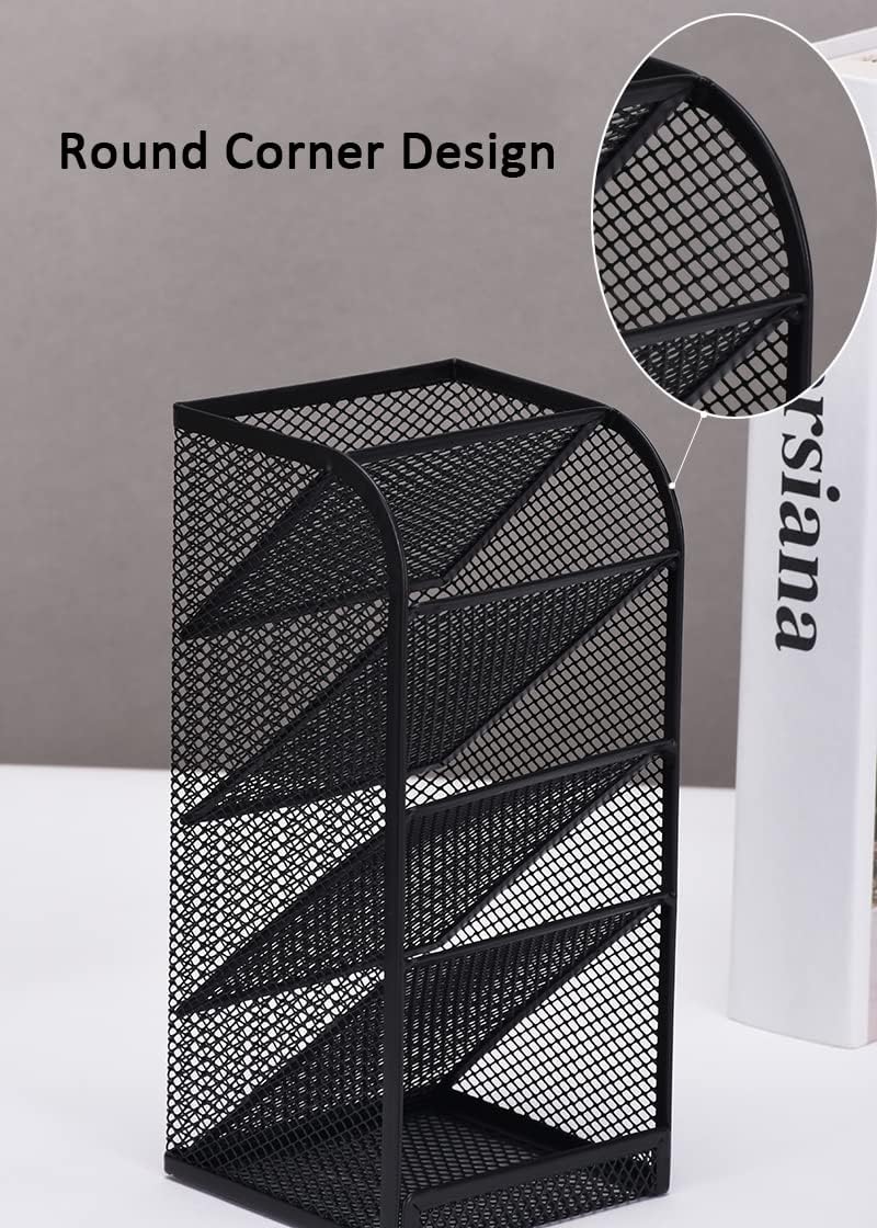 Premium Metal Mesh Desk Organiser – Black 5 Compartment Stainless Steel Stationery Holder