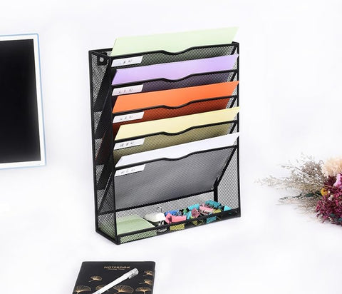 6 Tier Desktop File Organiser, Wall Mount Magazine Rack, Mesh Desk Organizer, Vertical Hanging Document Tray for Stationery, Mail, Paper and Letter Envelope, Book Holder - SuperSaverAU - view 1