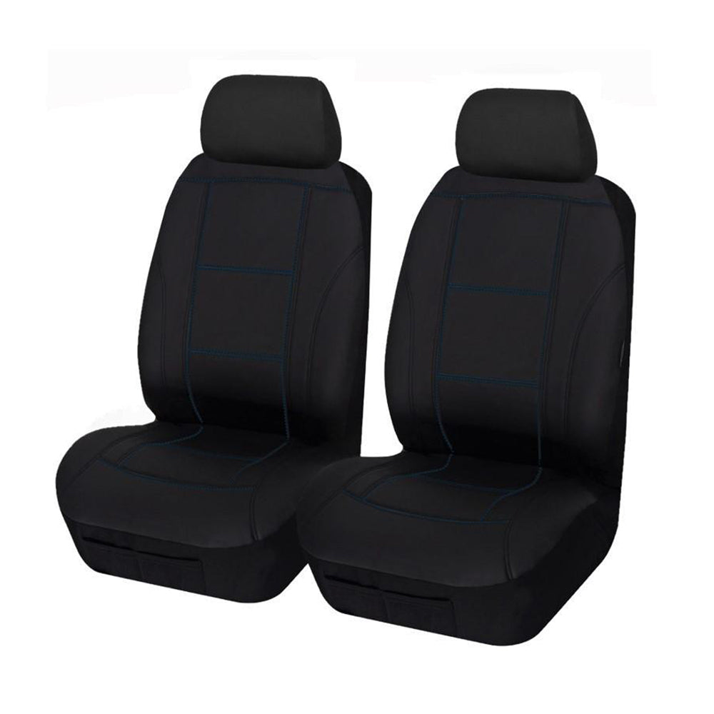 Universal Lavish Front Seat Covers 30/35 | Black/Blue Stitching, Soft PU Fabric, Airbag Compatible - SuperSaverAU - view 1