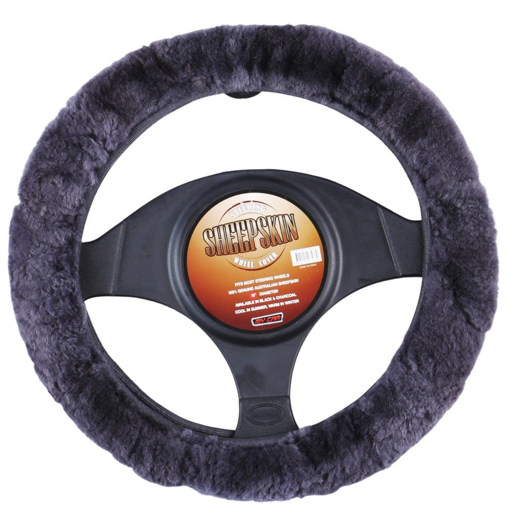 Genuine Australian Sheepskin Steering Wheel Cover 15-Inch - Charcoal - SuperSaverAU - view 1