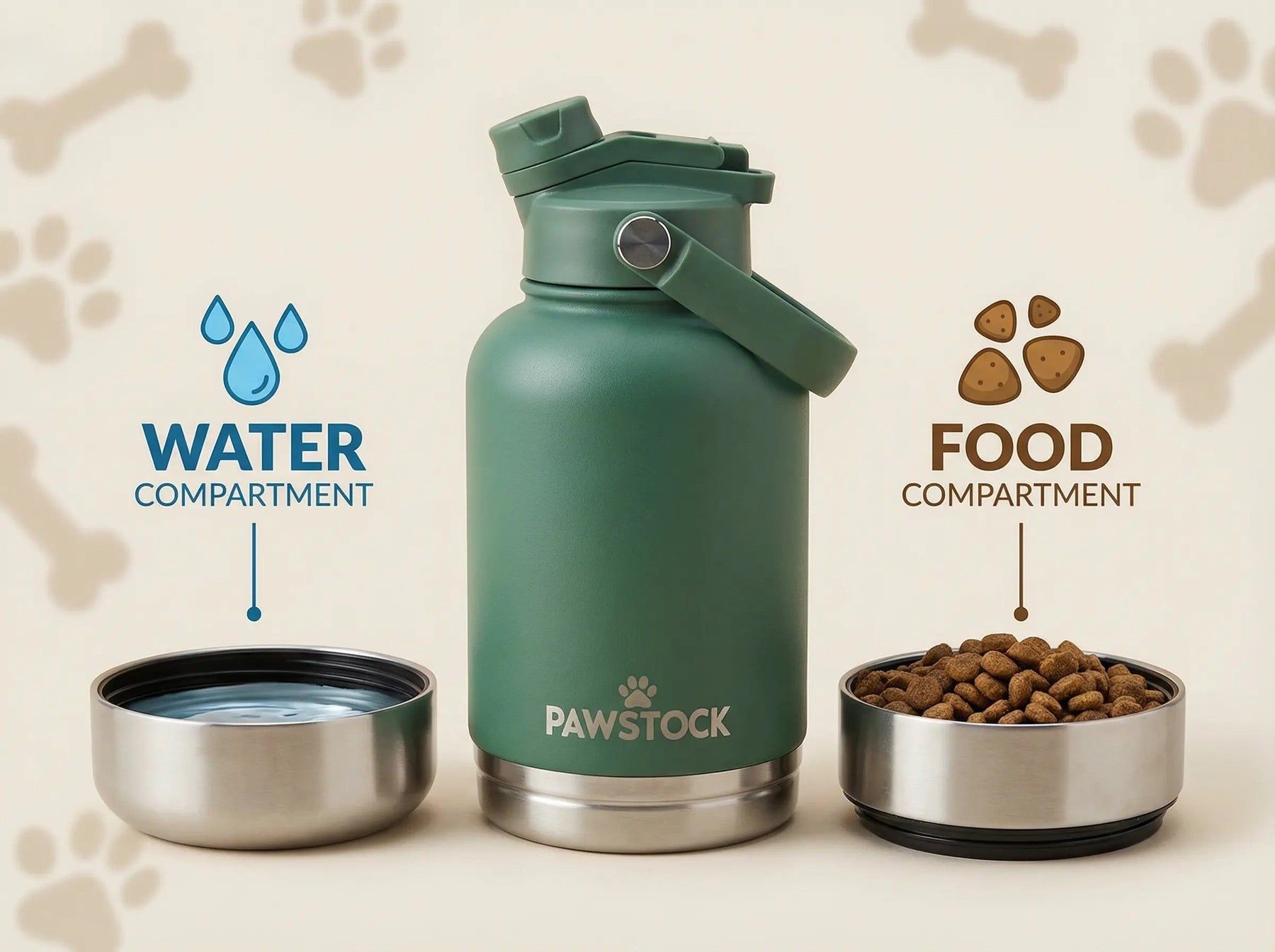 Pawstock 3-in-1 Insulated Dog Water Bottle with Dual Bowls – 1L Stainless Steel Travel Bottle-Rainforest Green - SuperSaverAU - view 1