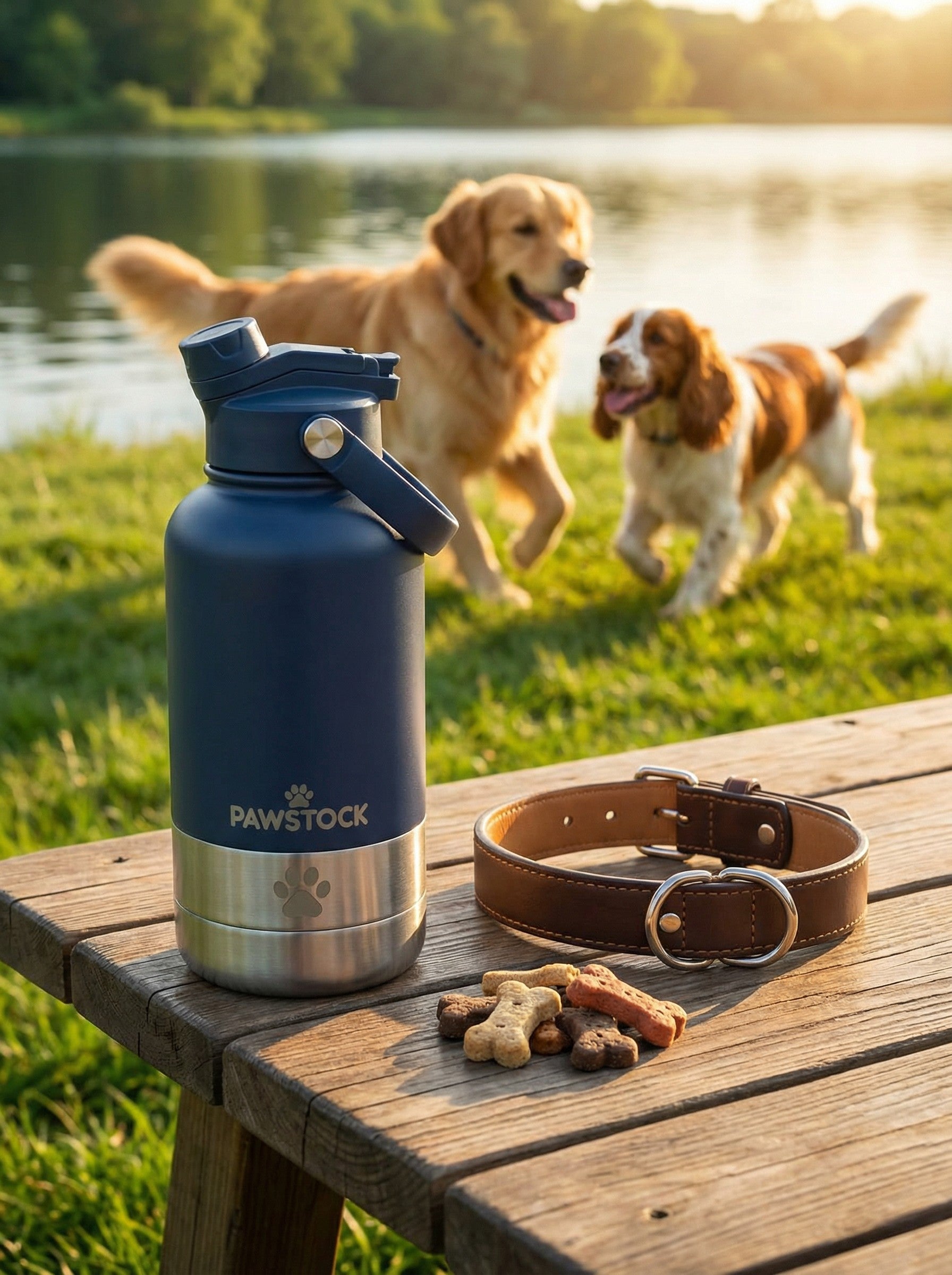Premium Pawstock 3-in-1 Insulated Dog Water Bottle with Dual Bowls - Navy 1L