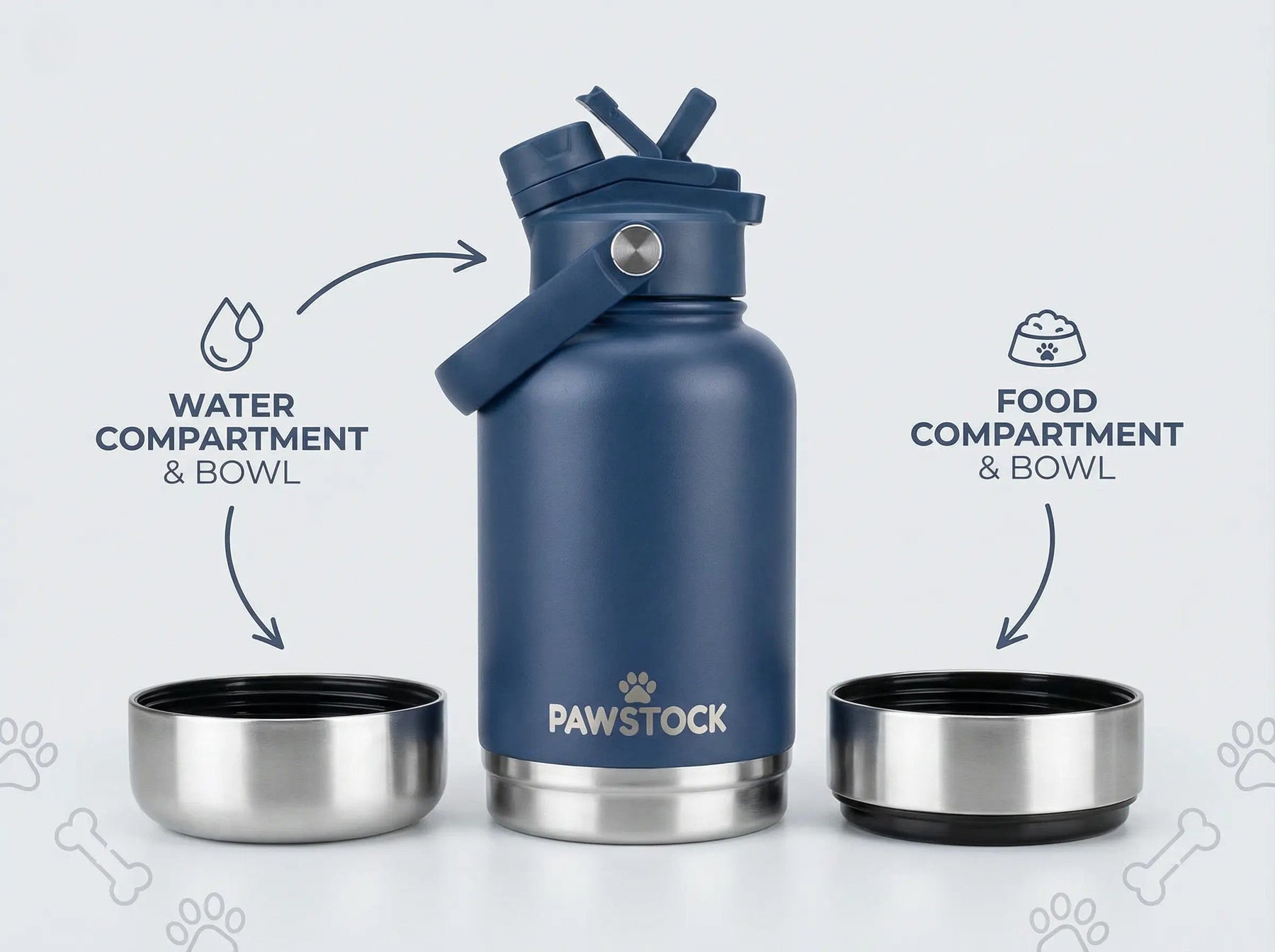 Premium Pawstock 3-in-1 Insulated Dog Water Bottle with Dual Bowls - Navy 1L