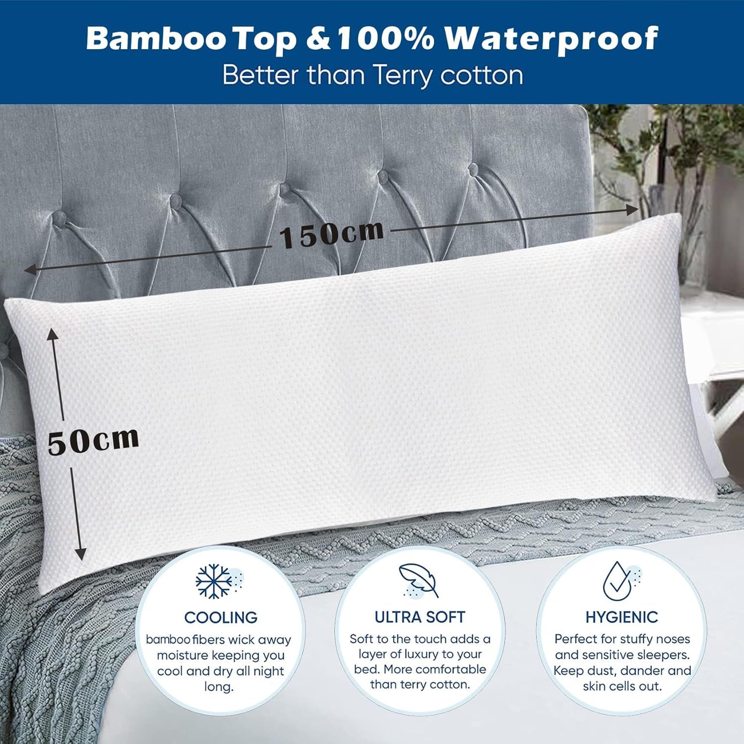 Premium Waterproof Bamboo Body Pillow Protector – White 50 x 150cm, Zippered TPU Backing