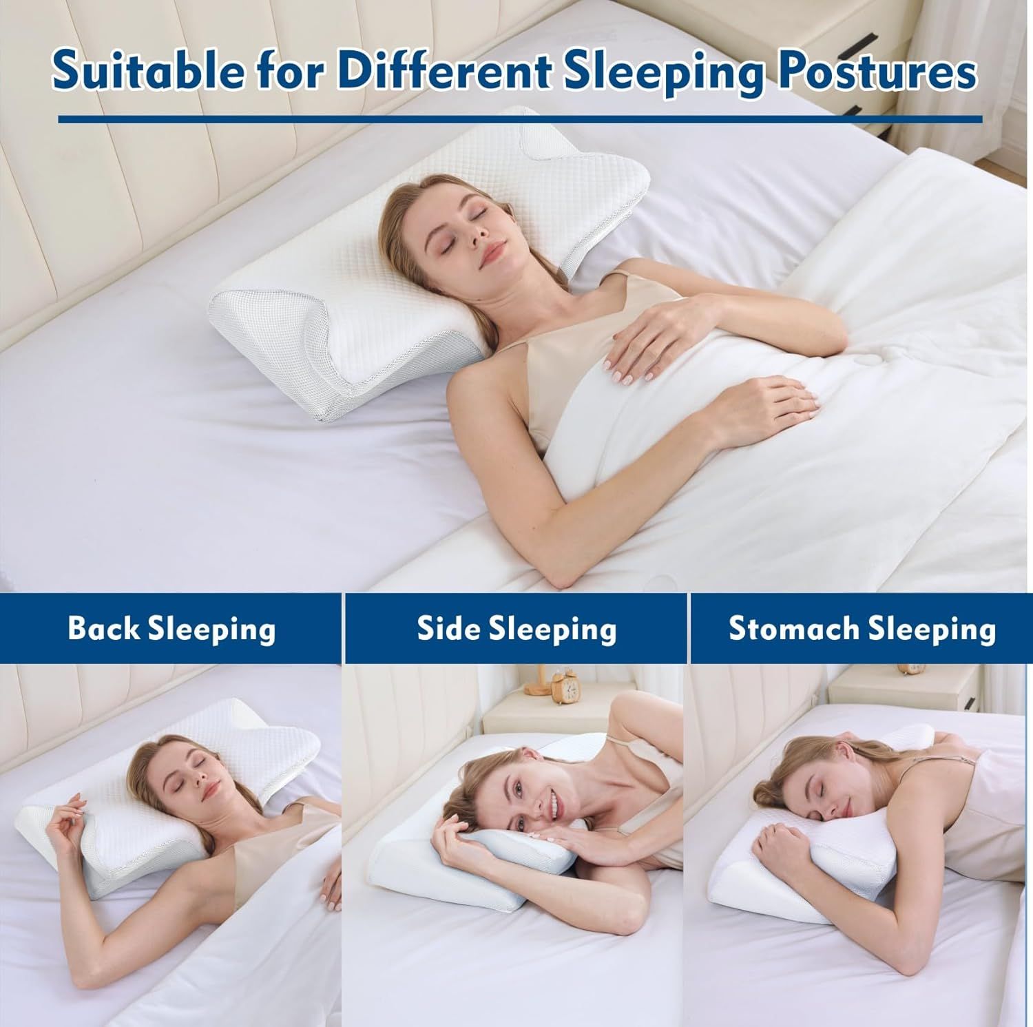 Premium Bamboo Cervical Memory Foam Pillow – White Standard, Cooling Cover & Neck Support