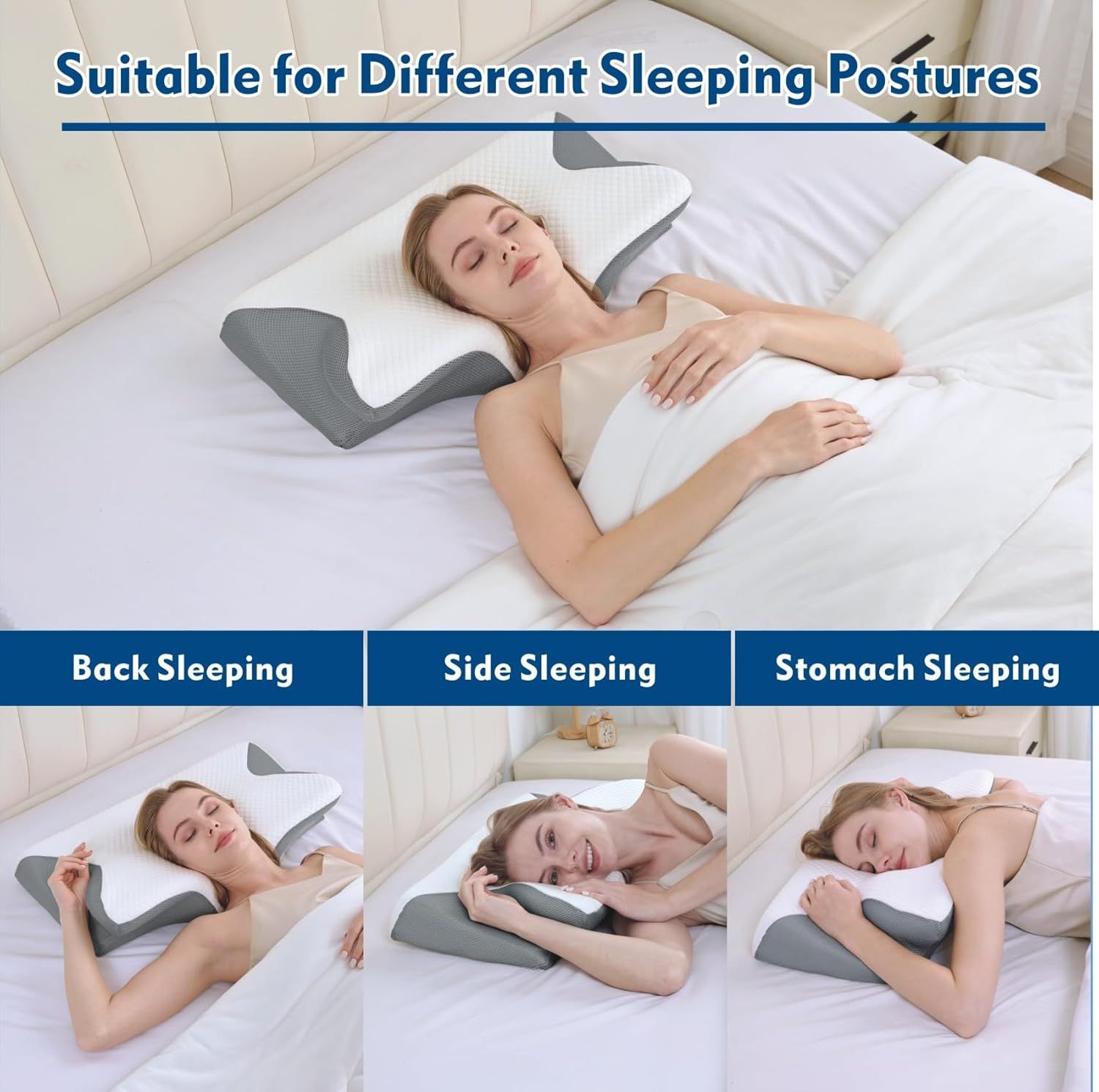 Premium Bamboo Cervical Memory Foam Pillow – White Standard, Cooling Cover & Neck Support