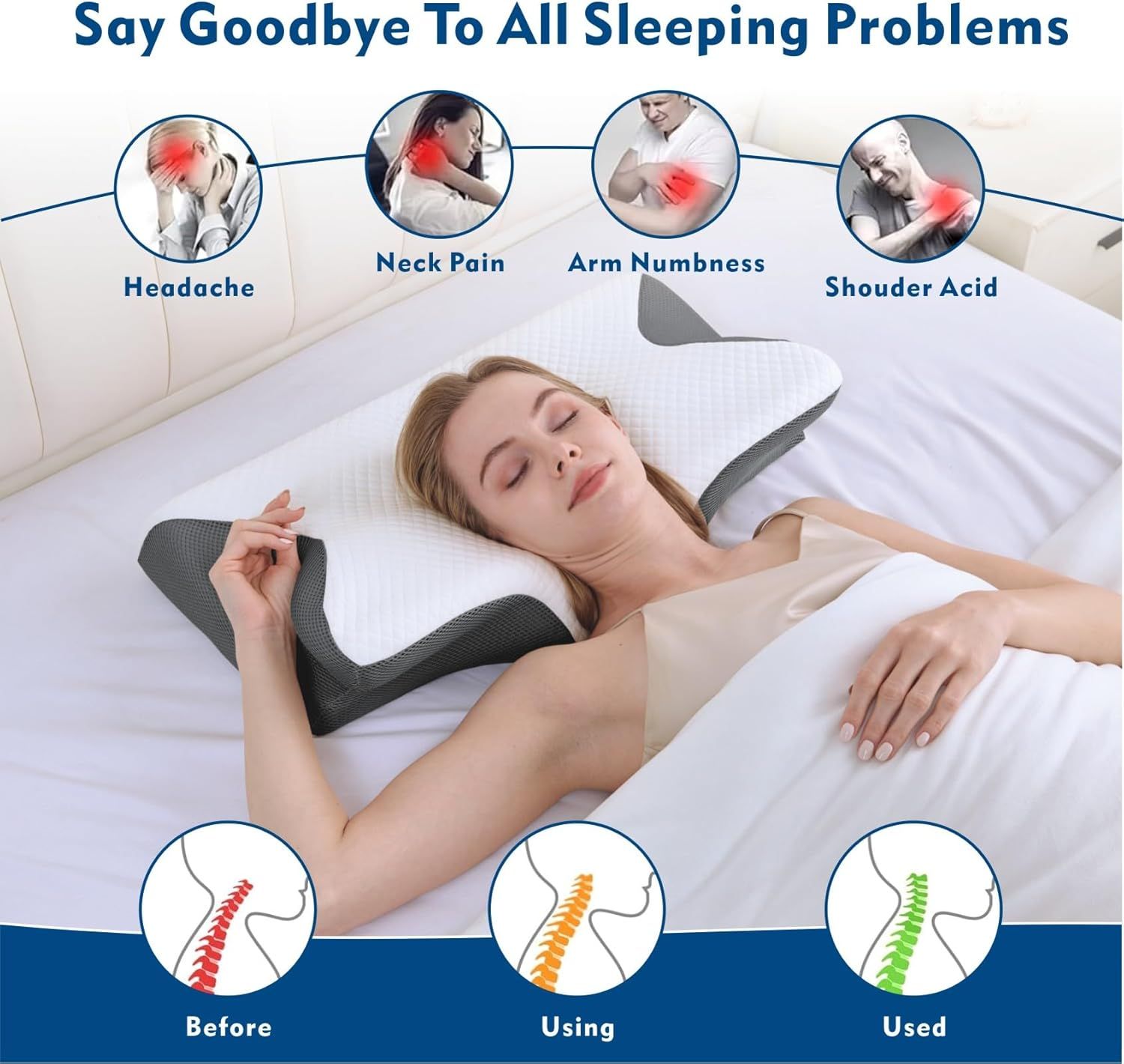 Premium Bamboo Cervical Memory Foam Pillow – White Standard, Cooling Cover & Neck Support