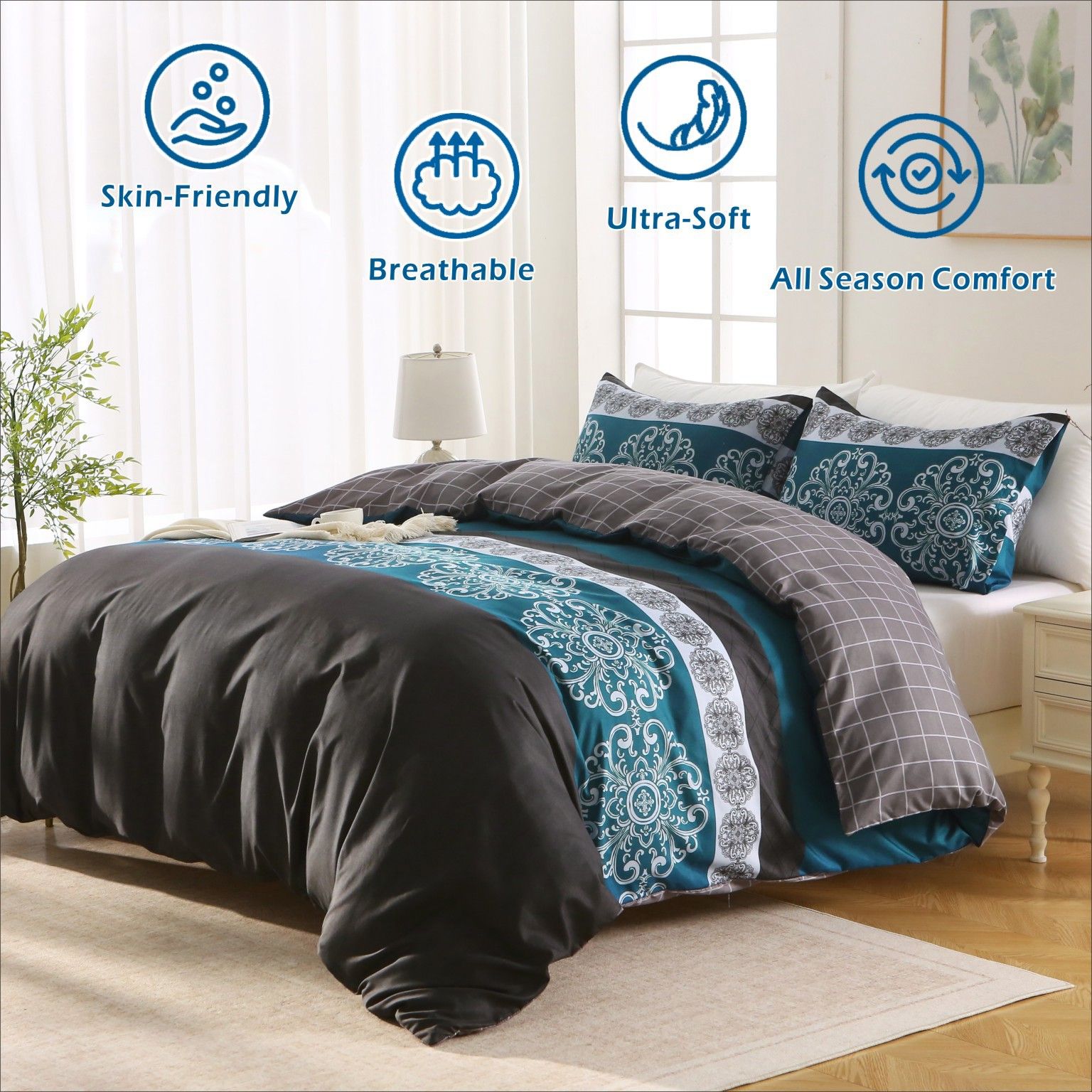 2000TC Microfibre Zipper Quilt Cover Set - 3 Piece, Bohemian, Double