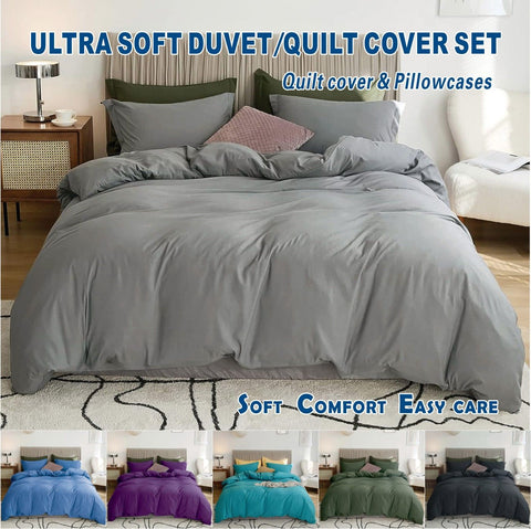 Premium 2000TC Microfibre Zipper Quilt Cover Set - 3 Piece, Grey, Double