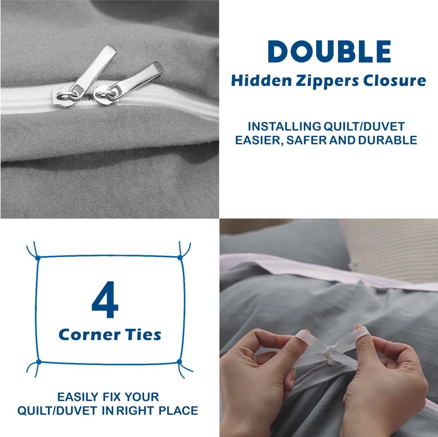 2000TC Microfibre Zipper Quilt Cover Set - 3 Piece, Grey, Double