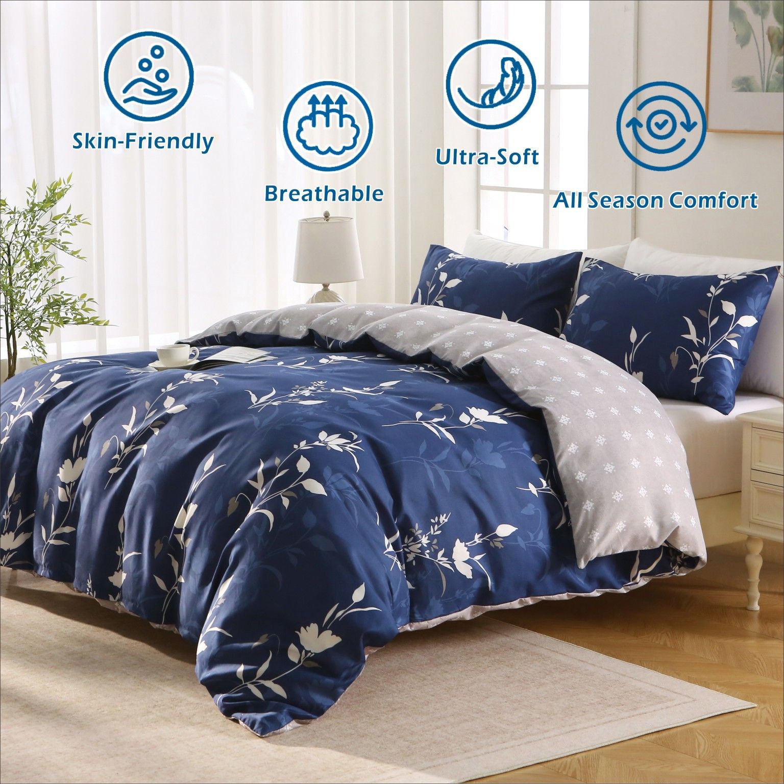 2000TC Microfibre Zipper Quilt Cover Set - 3 Piece, Navy Floral, Double