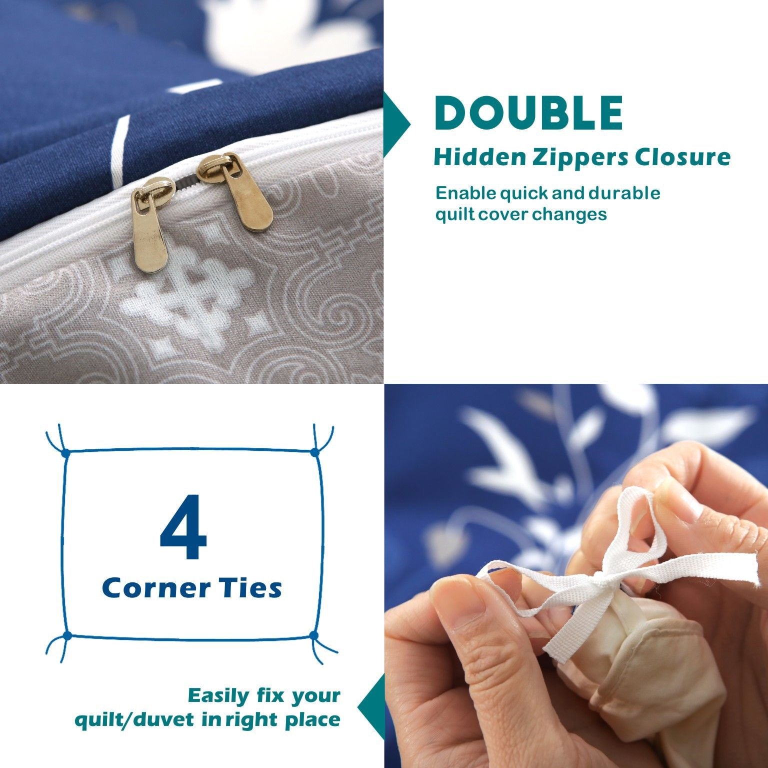 2000TC Microfibre Zipper Quilt Cover Set - 3 Piece, Navy Floral, Double