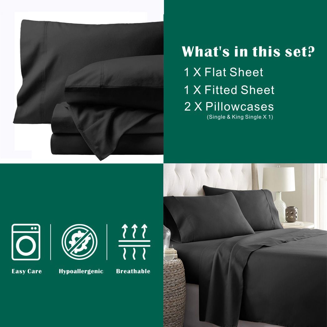 2000TC Microfibre Deep Pocket Bed Sheet Set - 4 Piece, Black, King