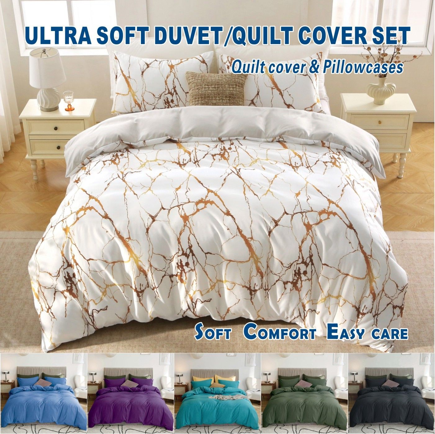 2000TC Microfibre Zipper Quilt Cover Set - 3 Piece, Marble Gleam, Queen